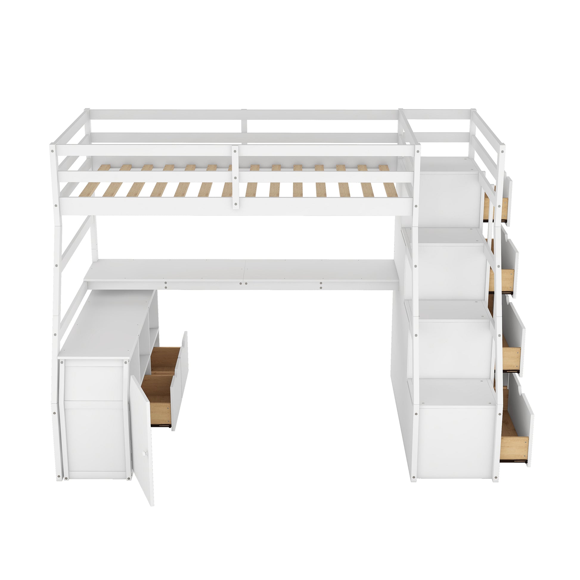 Twin Size Loft Bed with 7 Drawers 2 Shelves and Desk white-plywood