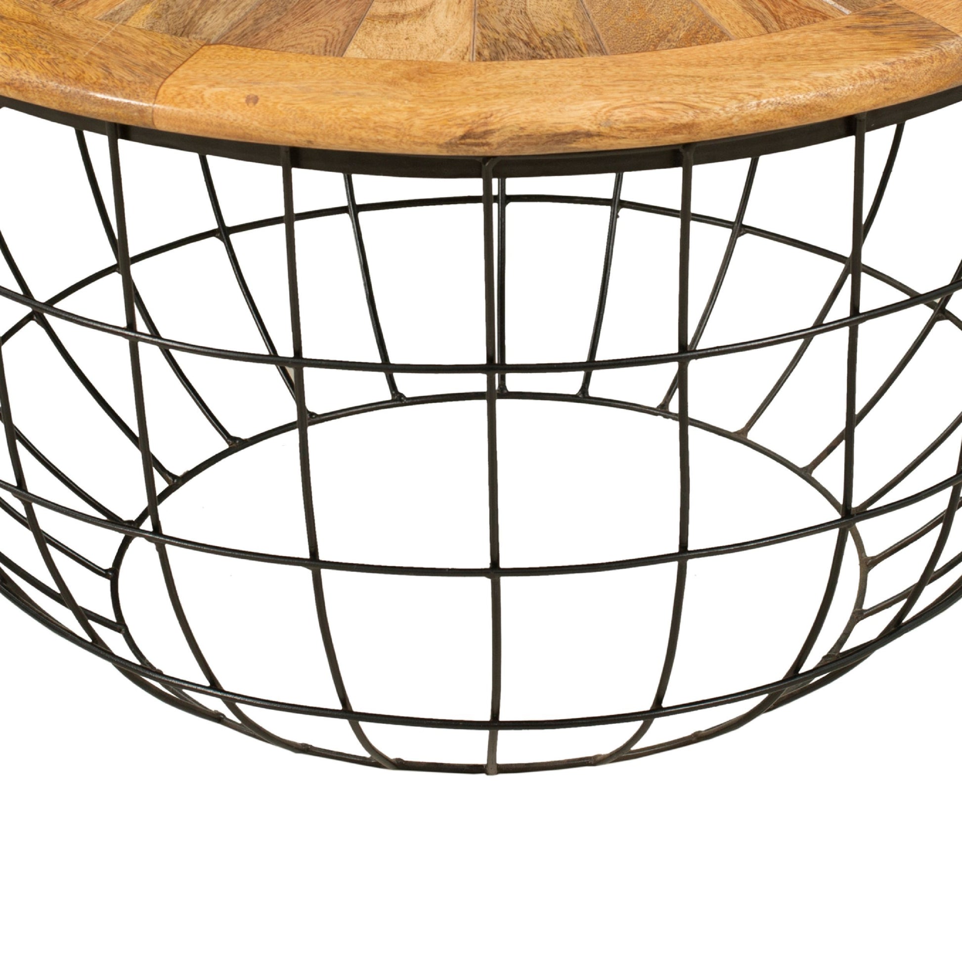 Round Mango Wood Coffee Table with Wooden Top and walnut+black-metal & wood