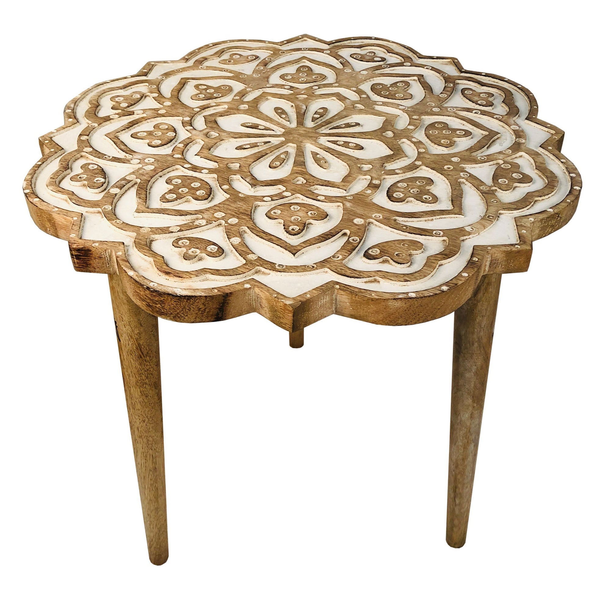 18 Inch Handcrafted Mango Wood Side End Table, Floral brown+white-solid wood