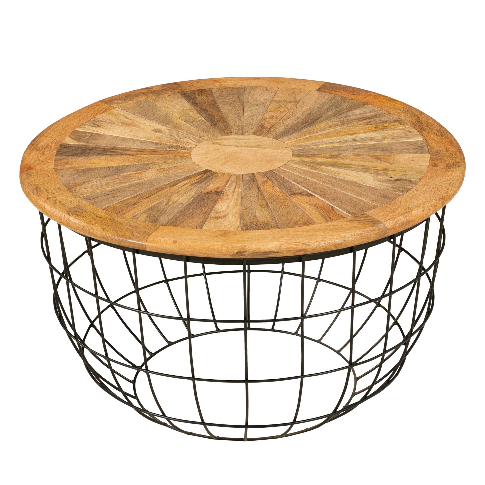 Round Mango Wood Coffee Table with Wooden Top and walnut+black-metal & wood