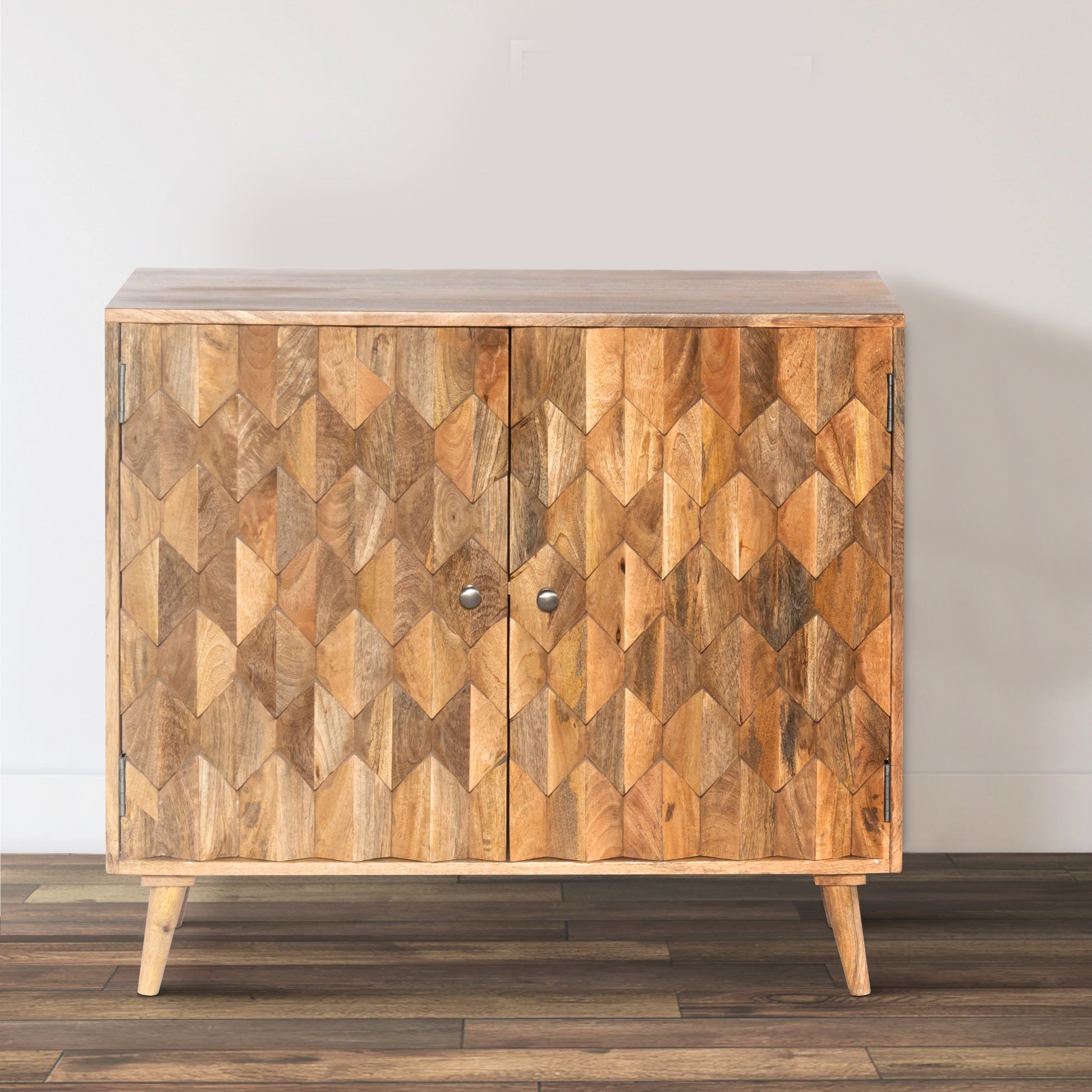 36 Inch Handcrafted Accent Cabinet, 2 Honeycomb Inlaid brown-solid wood+mdf