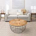 Round Mango Wood Coffee Table with Wooden Top and walnut+black-metal & wood