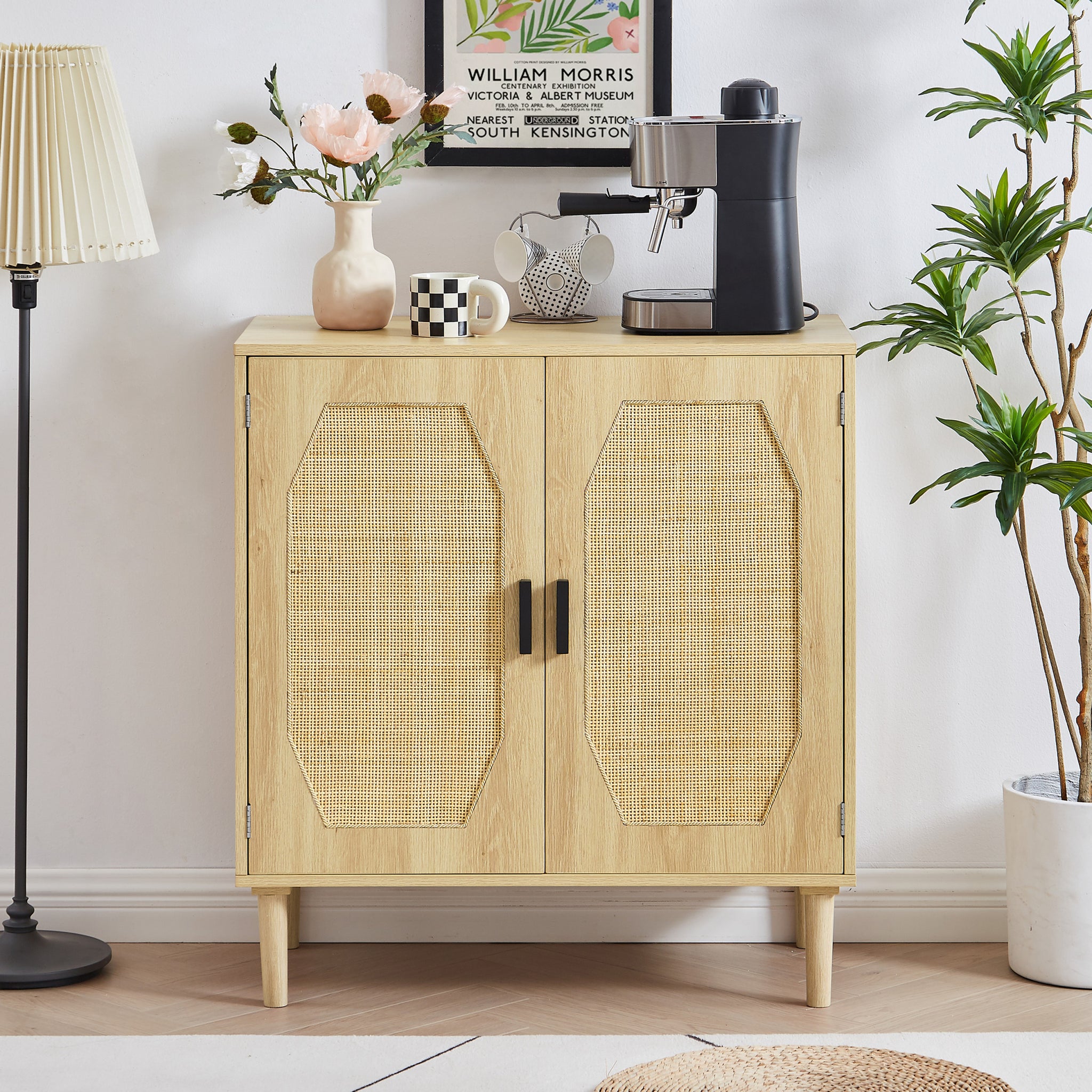 Kitchen storage cabinets with rattan decorative doors natural-particle board