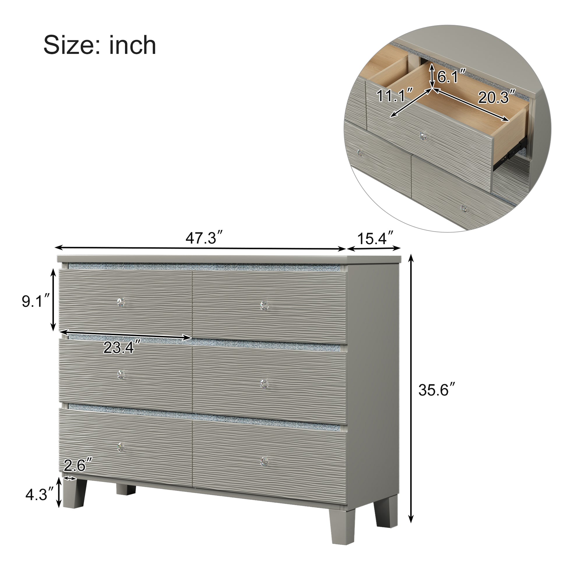 Champagne Silver Rubber Wood Dresser with 6 Drawers champagne-solid wood+mdf