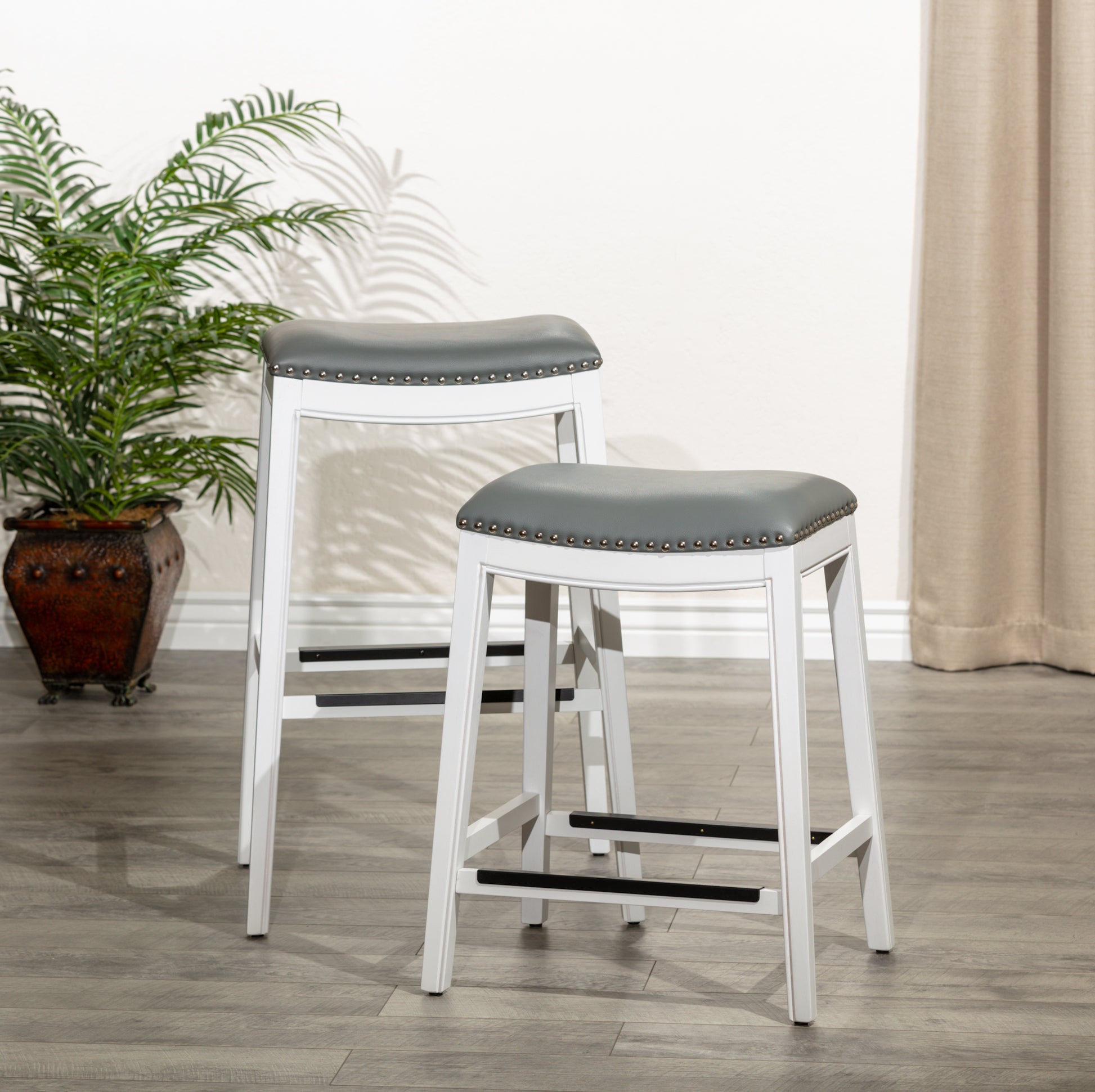 30" Bar Height Saddle Stool, White Finish, Gray white-polyester-bonded leather