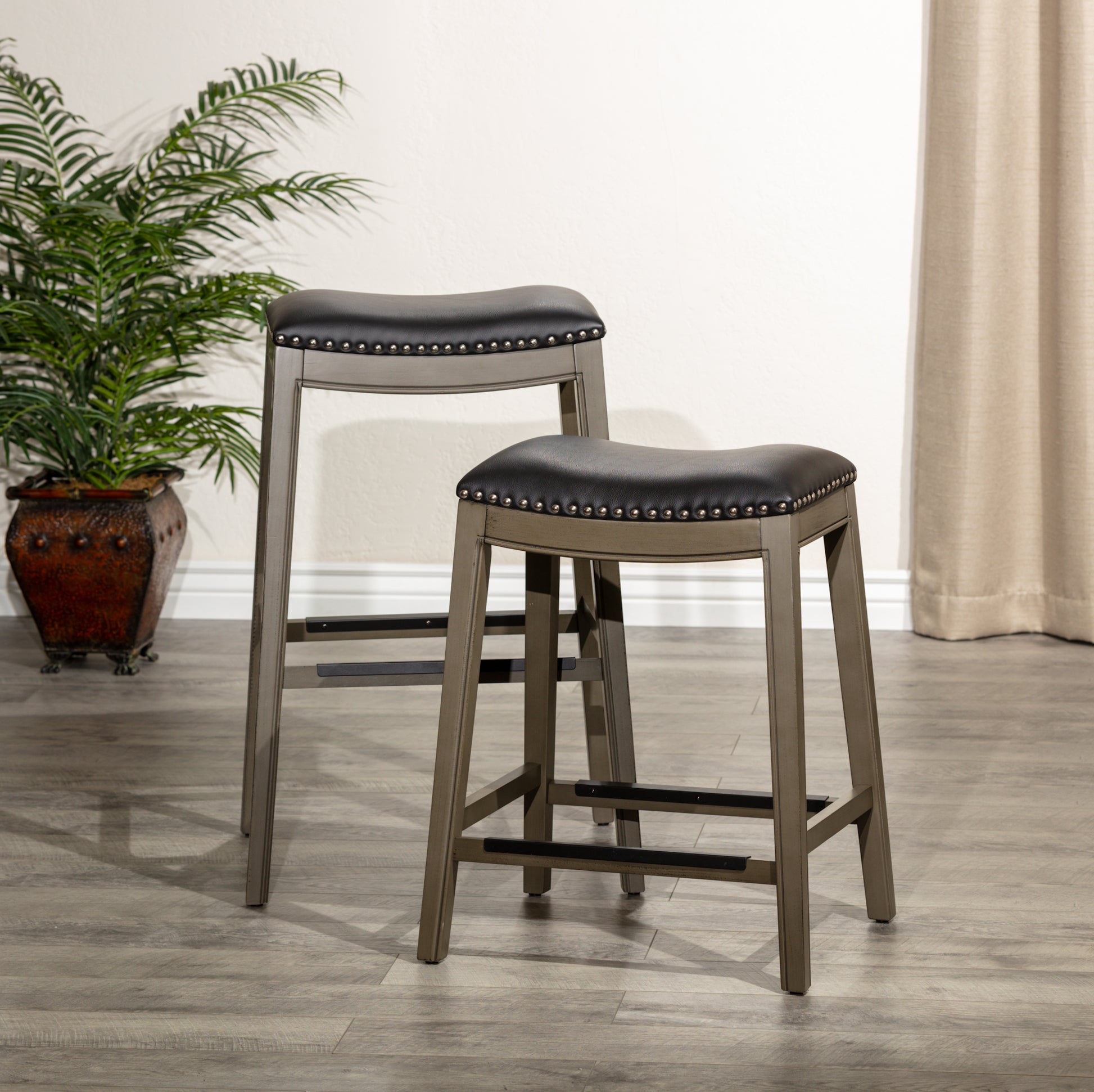 30" Bar Height Saddle Stool, Weathered Gray Finish gray-polyester-bonded leather