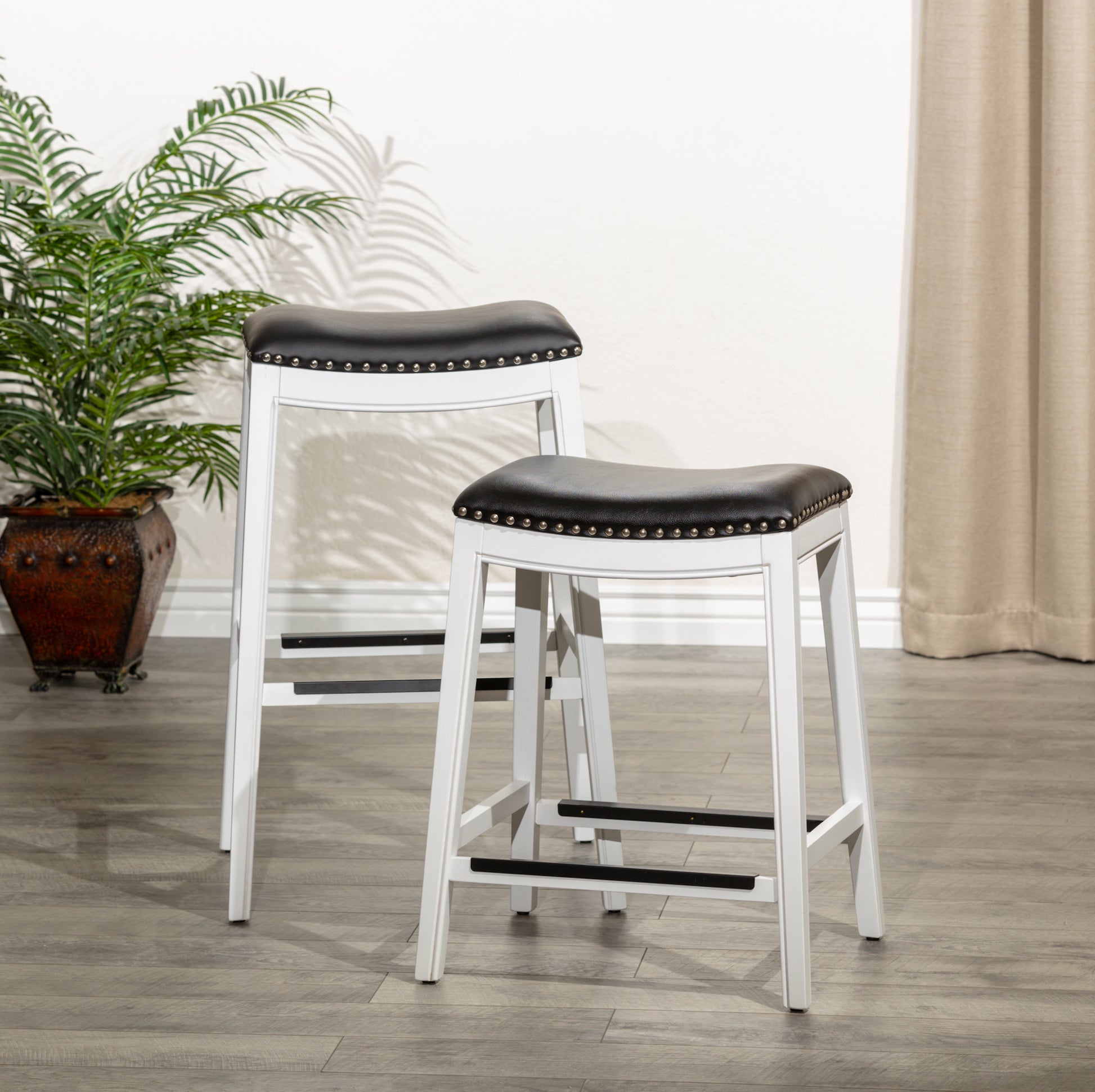 30" Bar Stool, White Finish, Black Leather Seat white-bonded leather