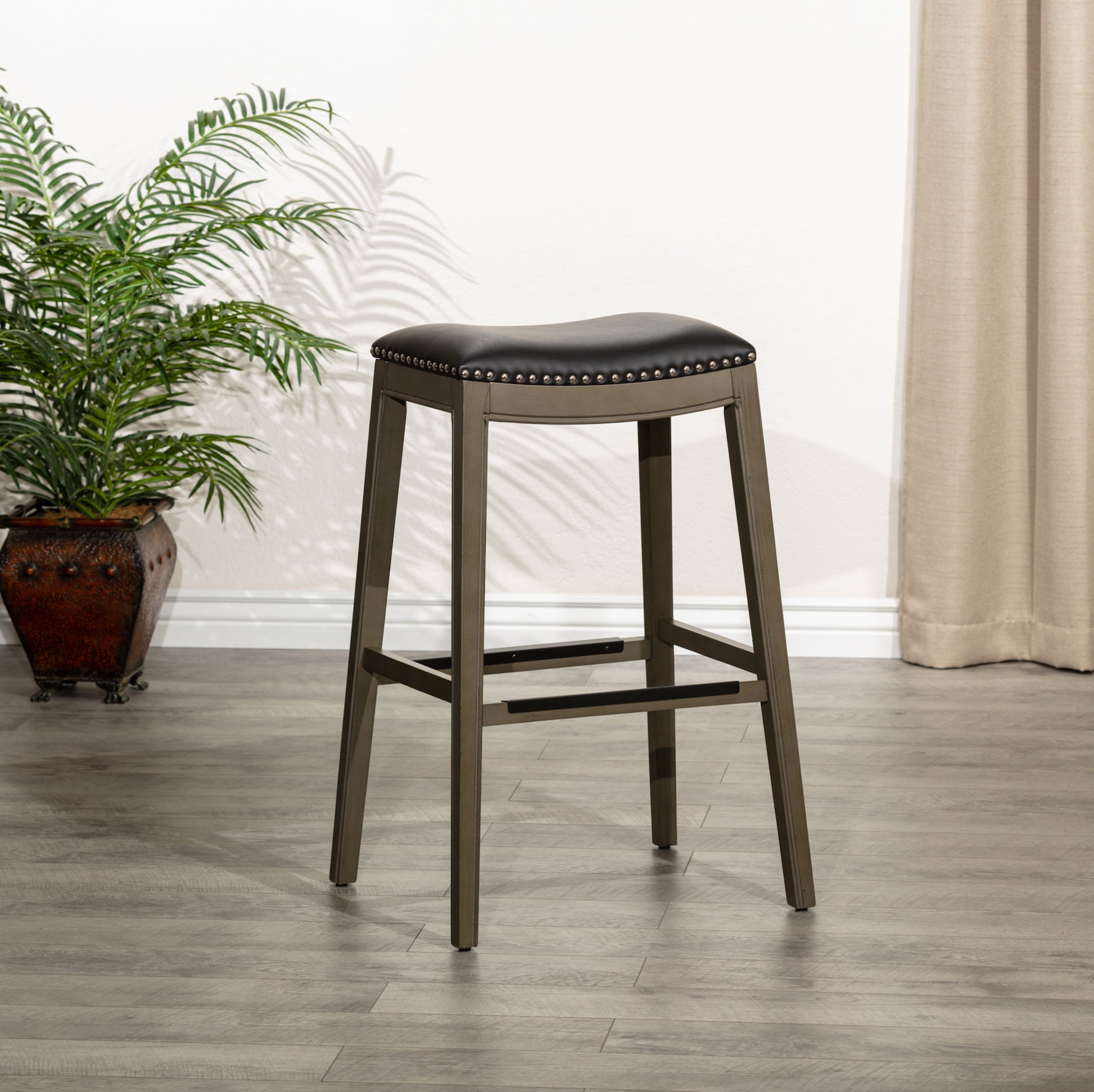 30" Bar Height Saddle Stool, Weathered Gray Finish gray-polyester-bonded leather