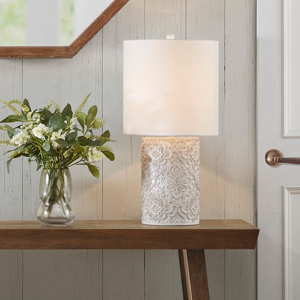 Embossed Floral Resin Table Lamp - Ivory Cotton