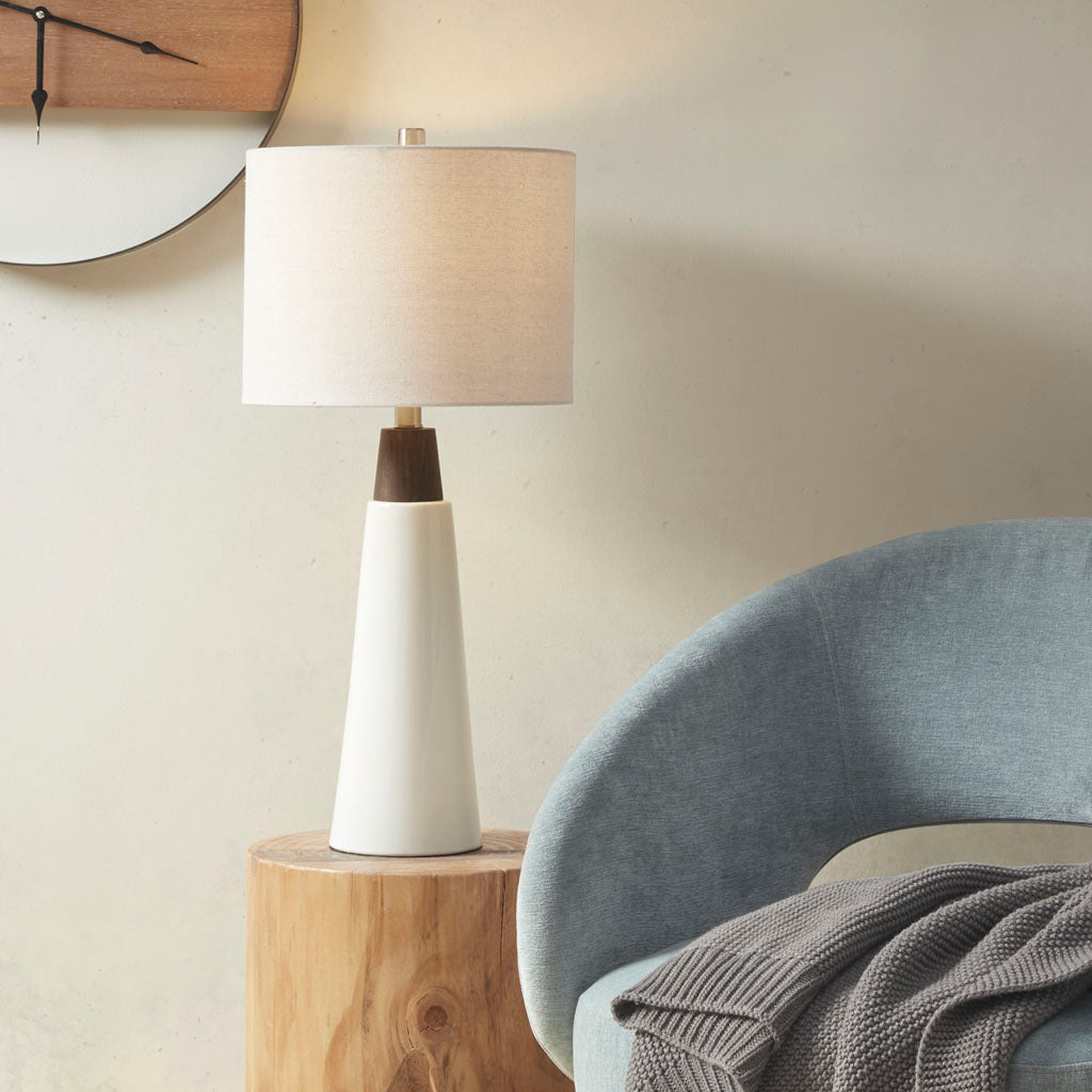 Triangular Ceramic And Wood Table Lamp - White