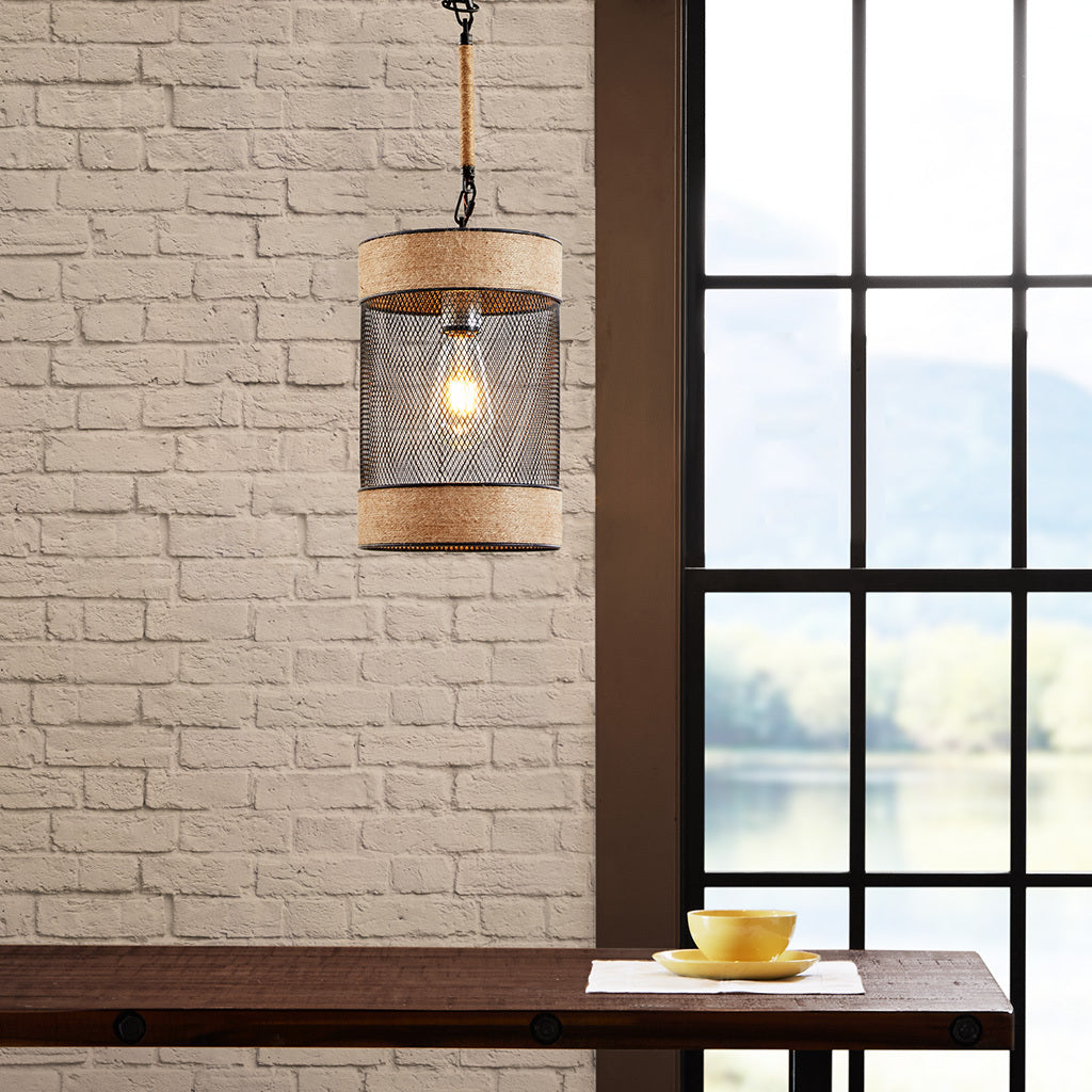 Natural Rope and Metal Mesh Cylinder Pendant