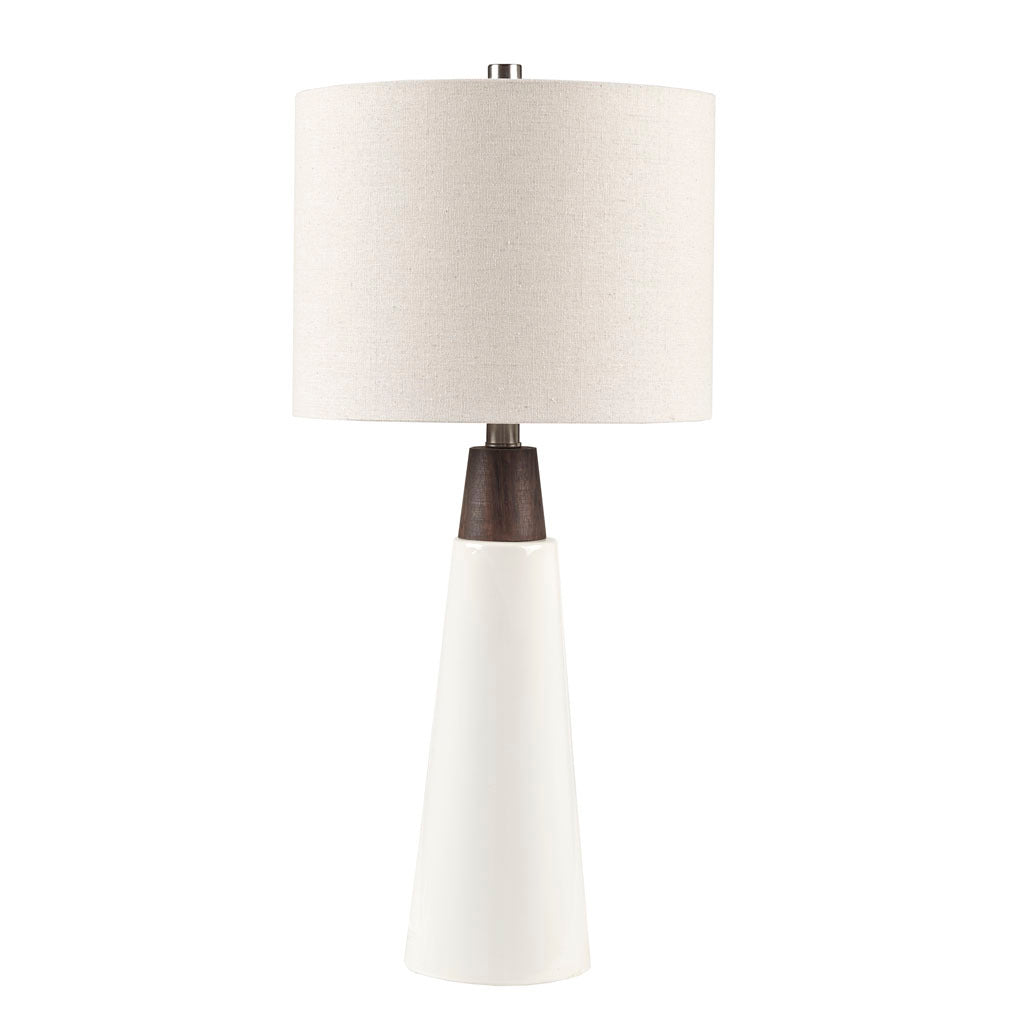 Triangular Ceramic And Wood Table Lamp - White