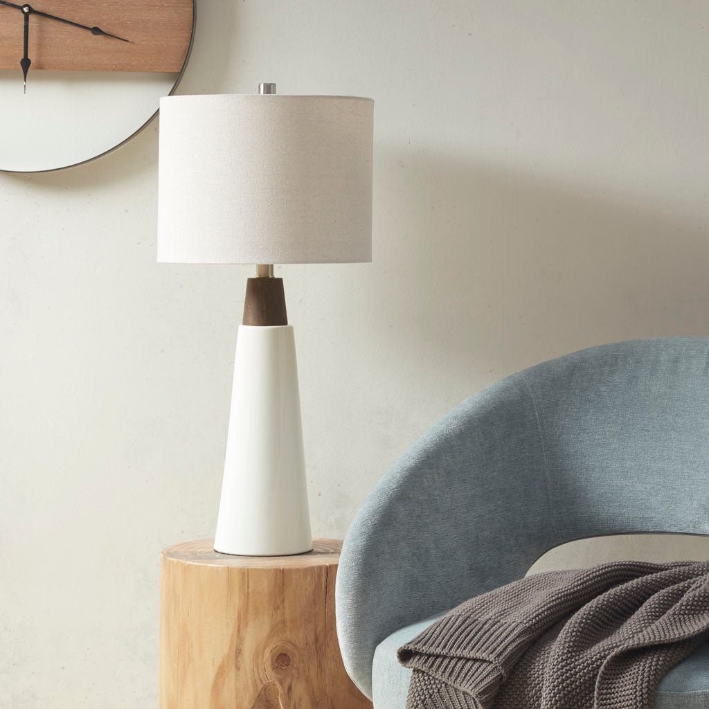 Triangular Ceramic And Wood Table Lamp - White