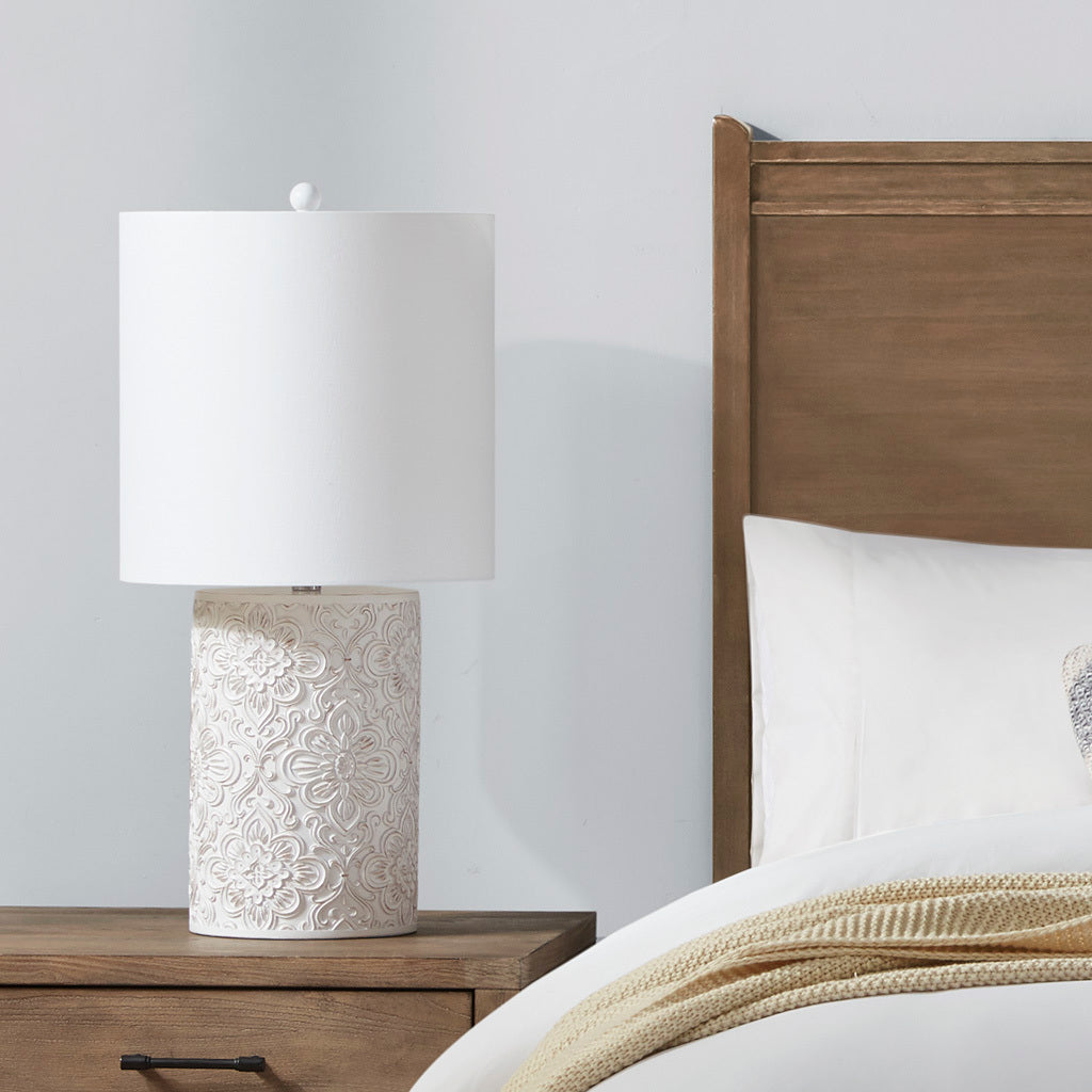 Embossed Floral Resin Table Lamp - Ivory Cotton