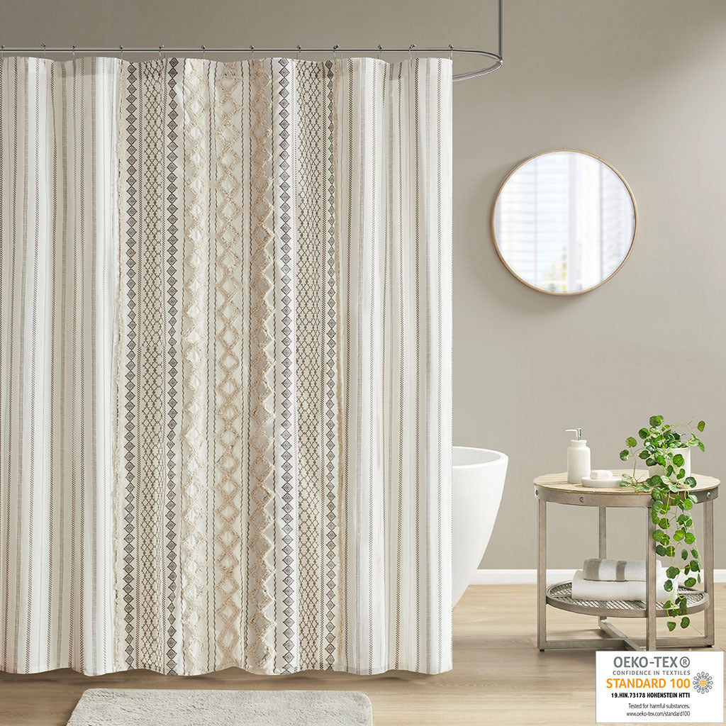 Cotton Printed Shower Curtain with Chenille ivory-cotton