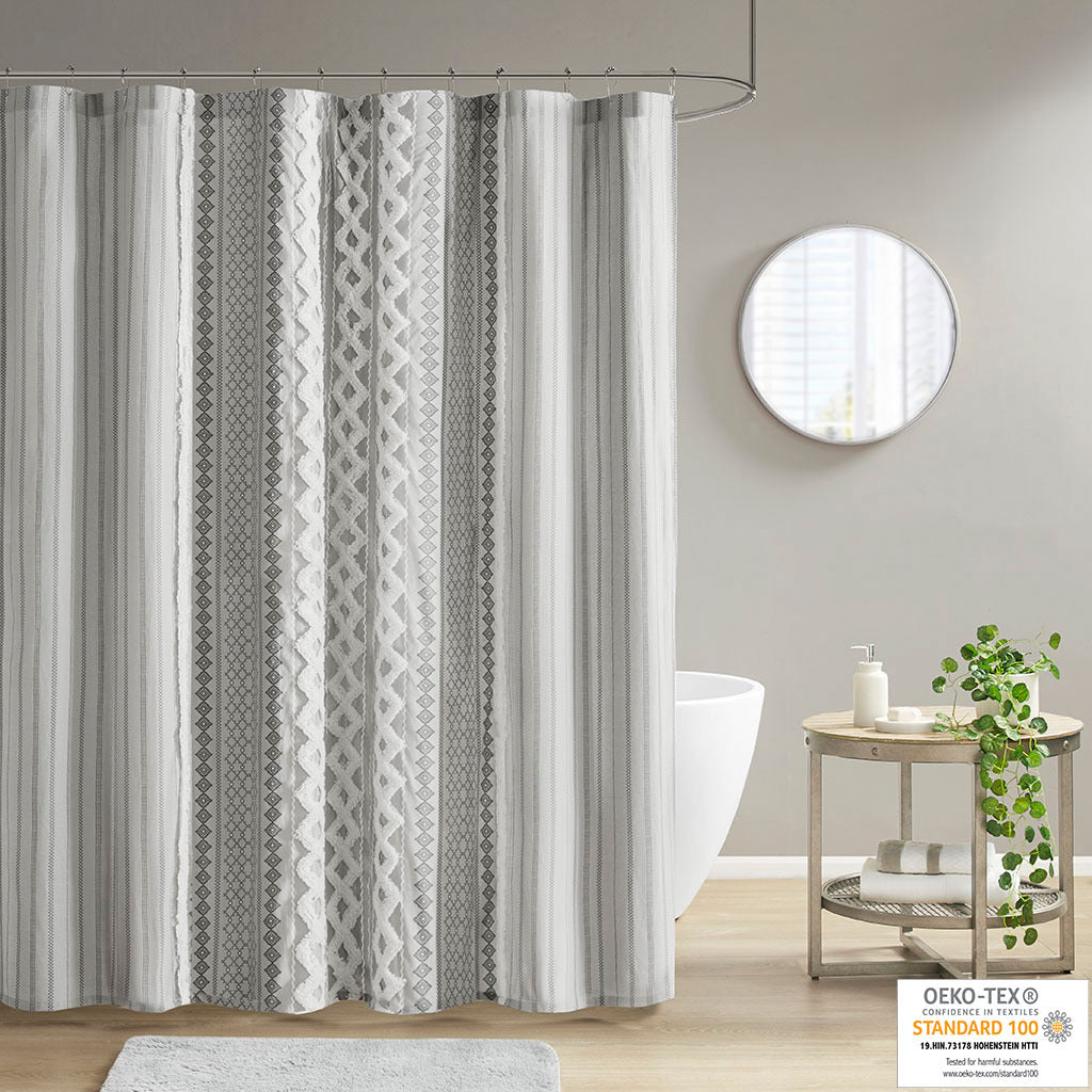 Cotton Printed Shower Curtain with Chenille gray-cotton