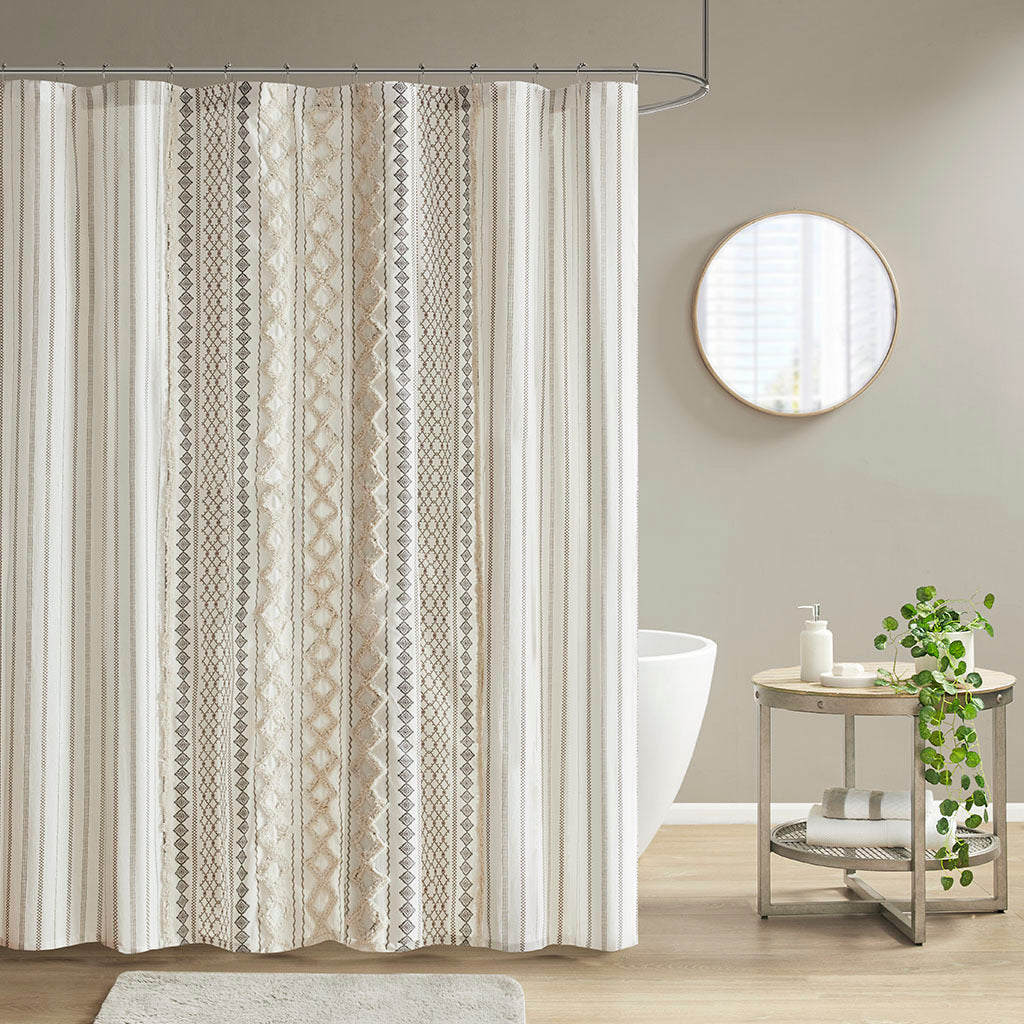 Cotton Printed Shower Curtain with Chenille ivory-cotton