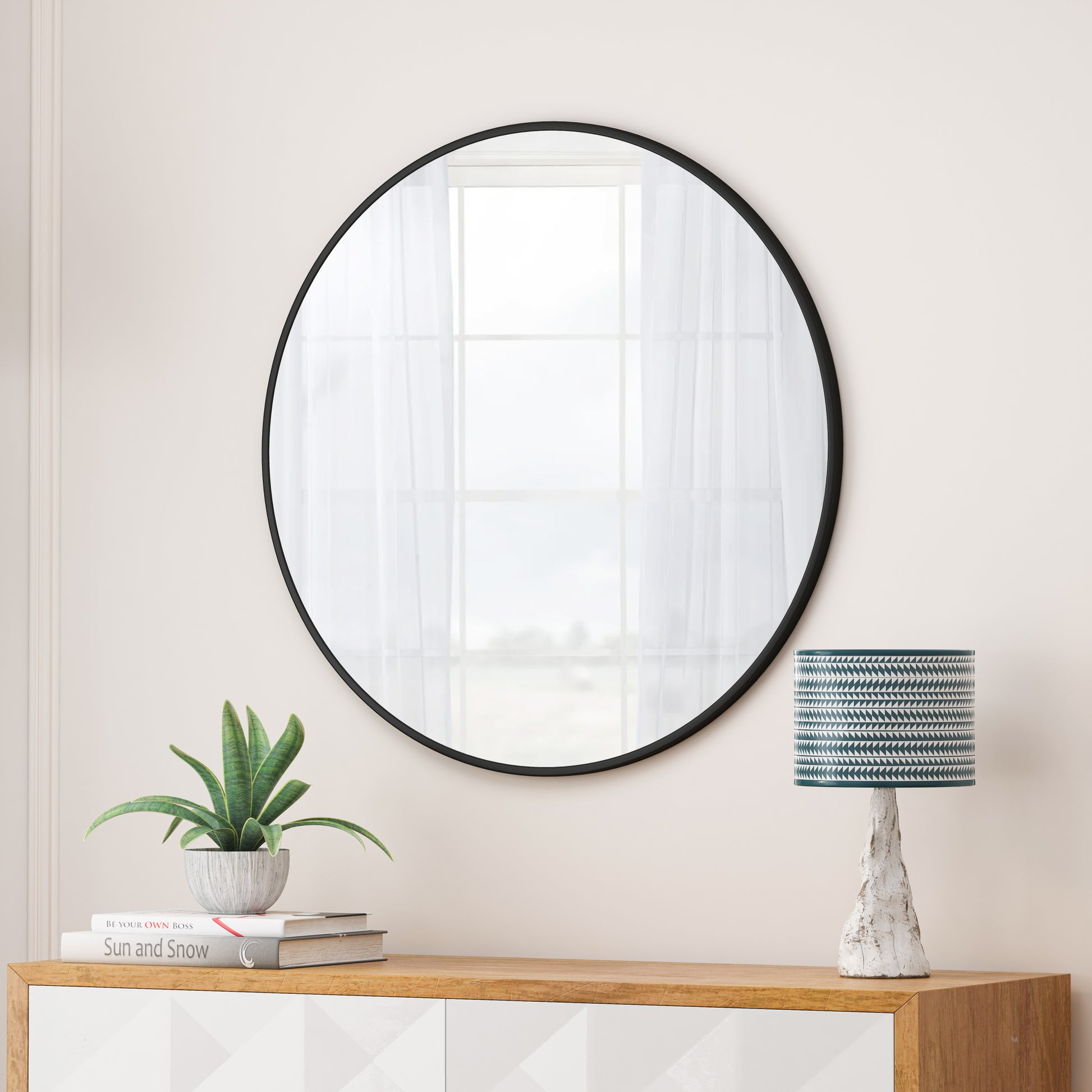 Wall Mirror 28 Inch Black Circular Mirror Metal Framed black-glass