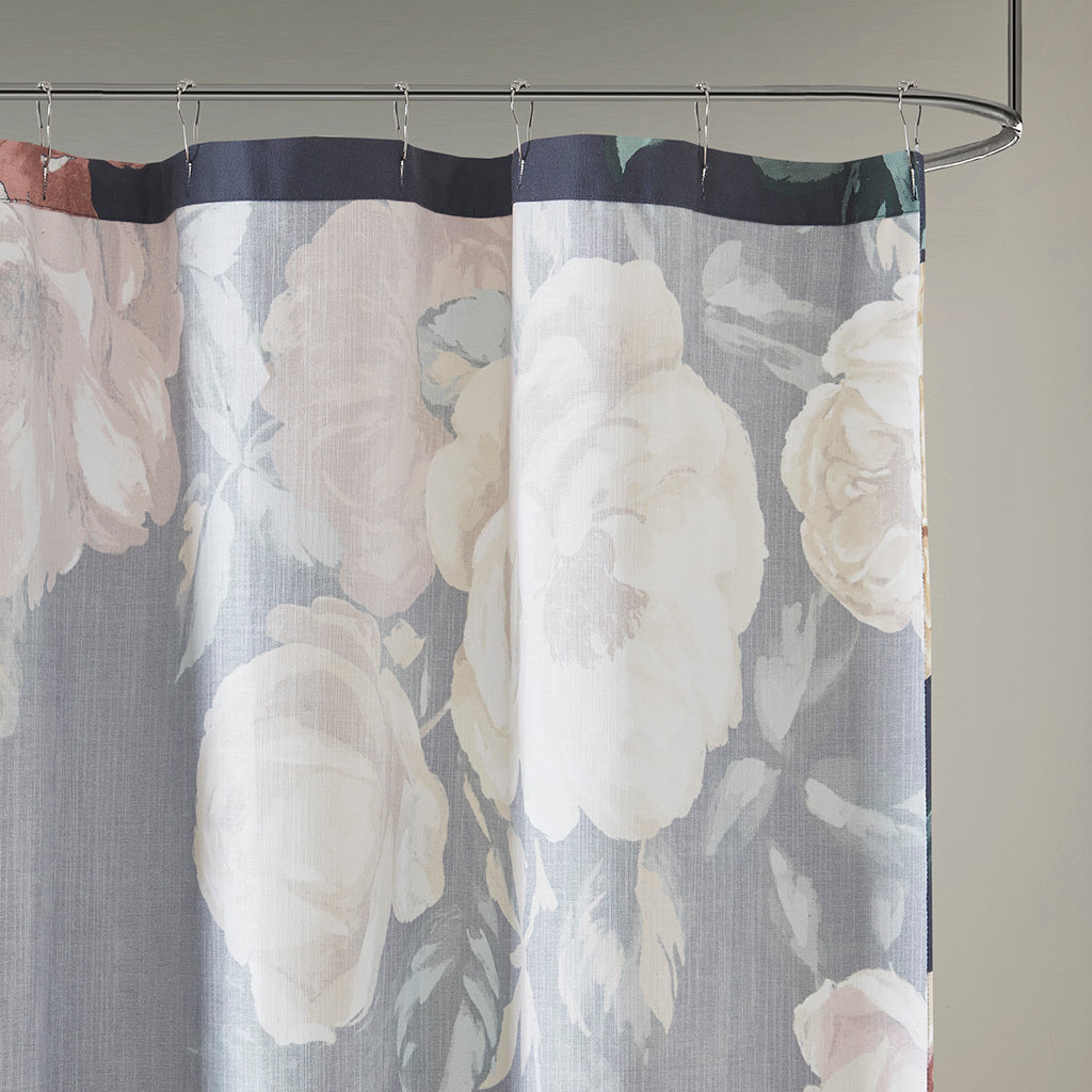 Cotton Floral Printed Shower Curtain navy-cotton