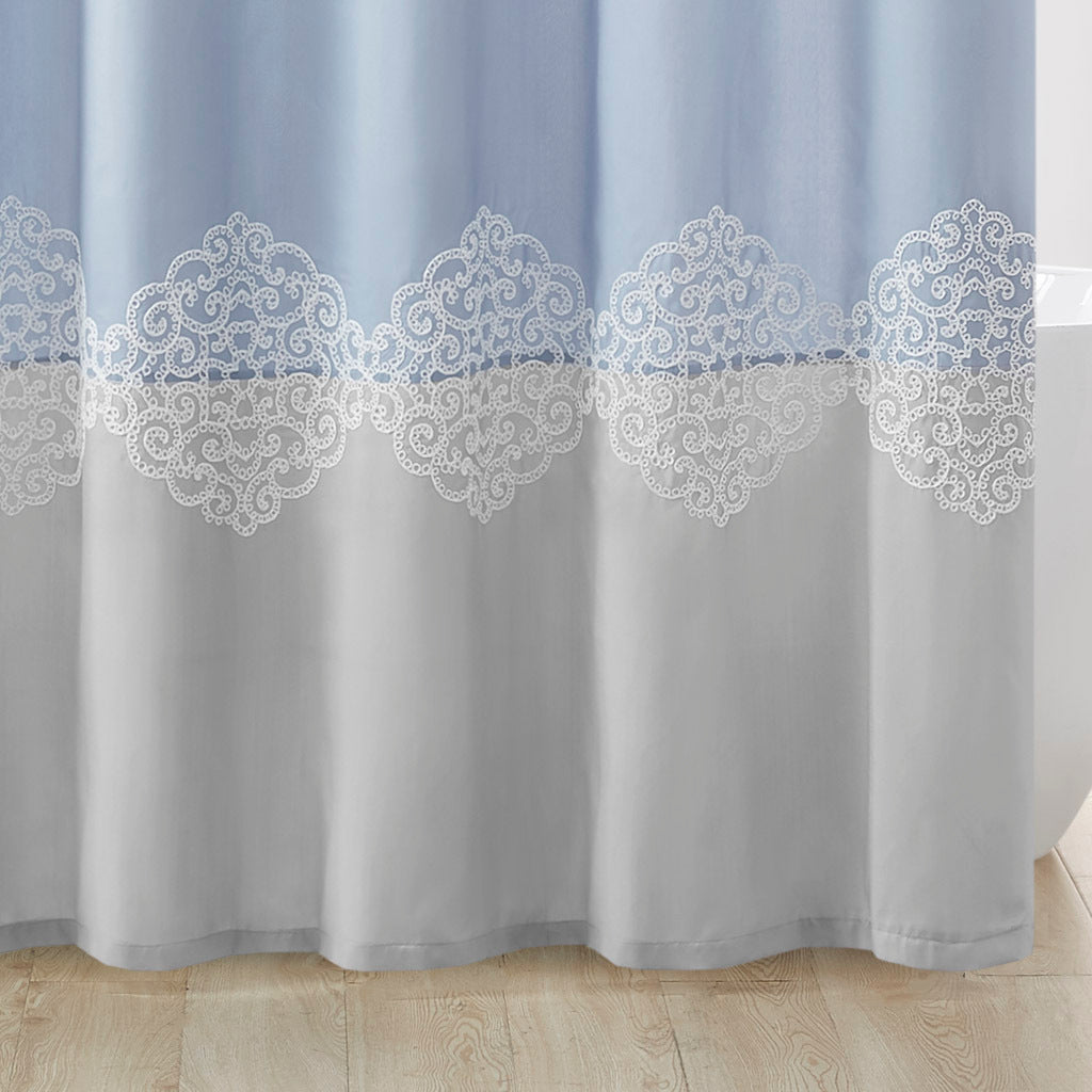 Pieced and Embroidered Shower Curtain blue-polyester