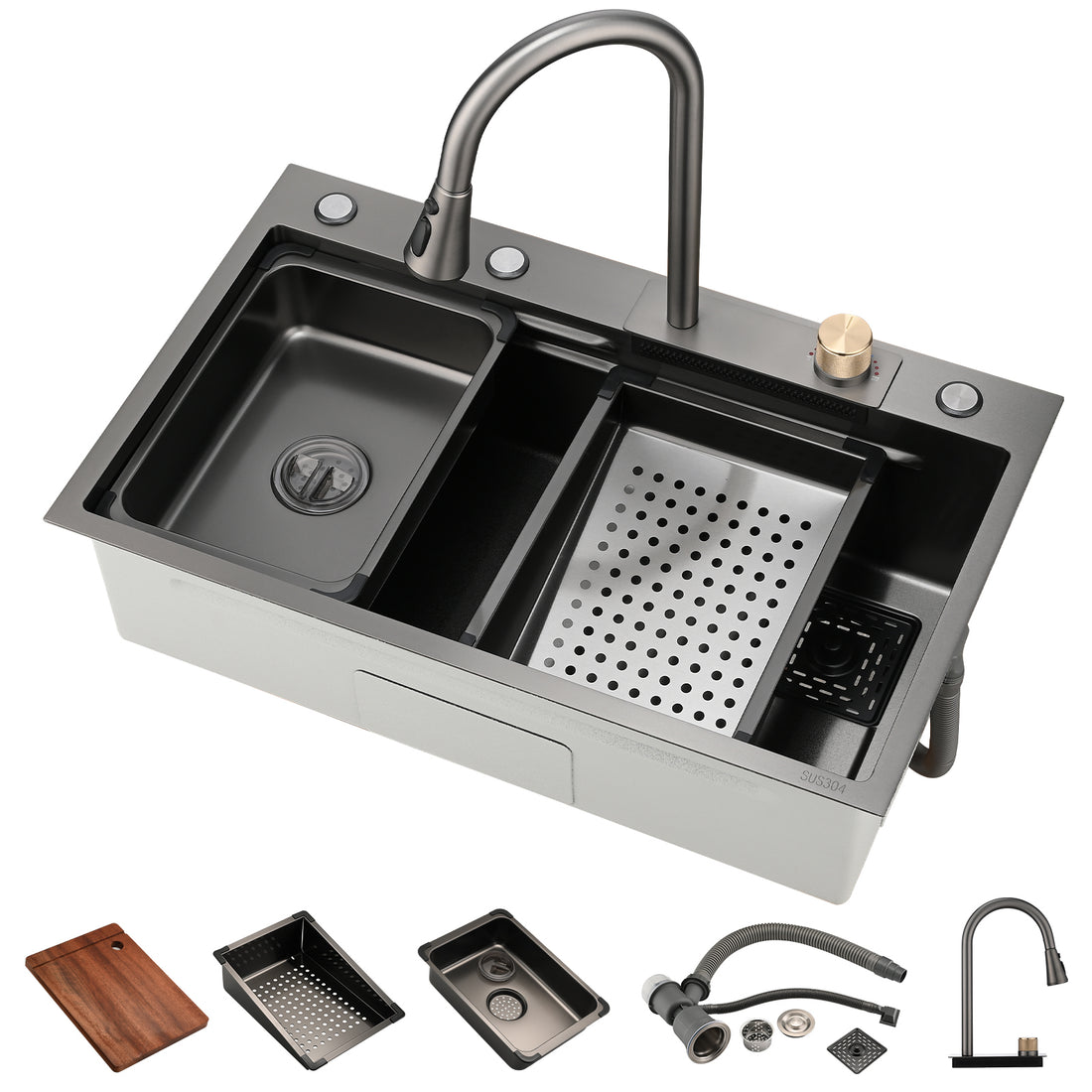 Kitchen Sink Flying rain Waterfall Kitchen Sink Set gunmetal black-stainless steel