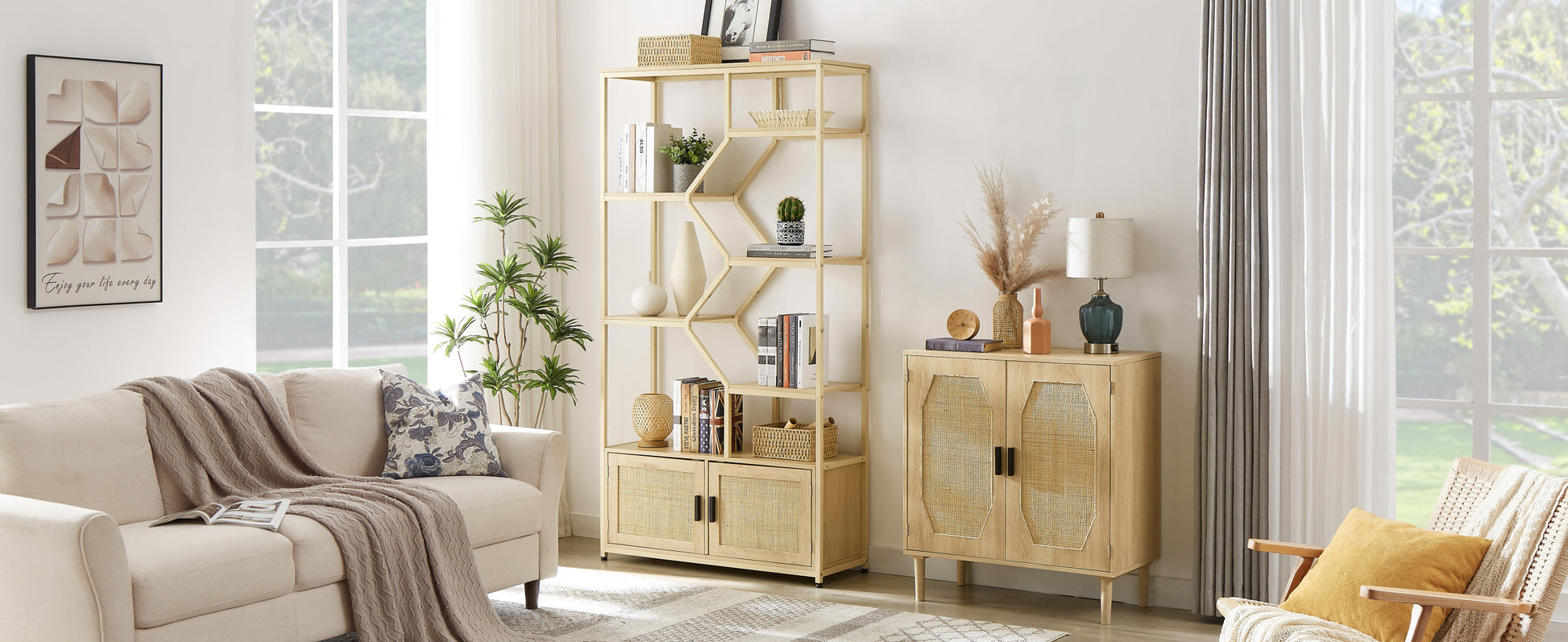 Rattan bookshelf 7 tiers Bookcases Storage Rack with natural-particle board