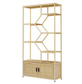 Rattan bookshelf 7 tiers Bookcases Storage Rack with natural-particle board