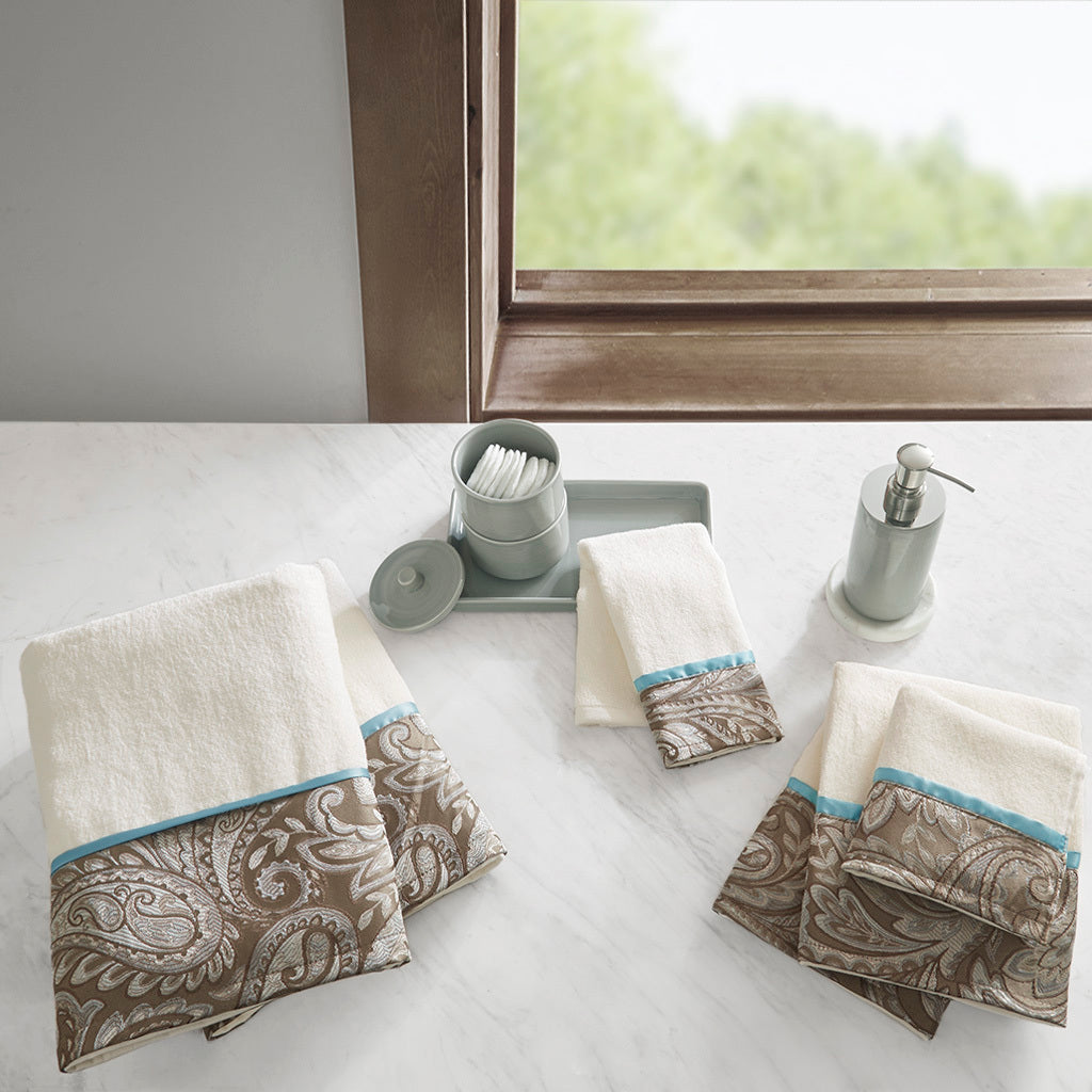 6 Piece Jacquard Towel Set blue+brown-cotton