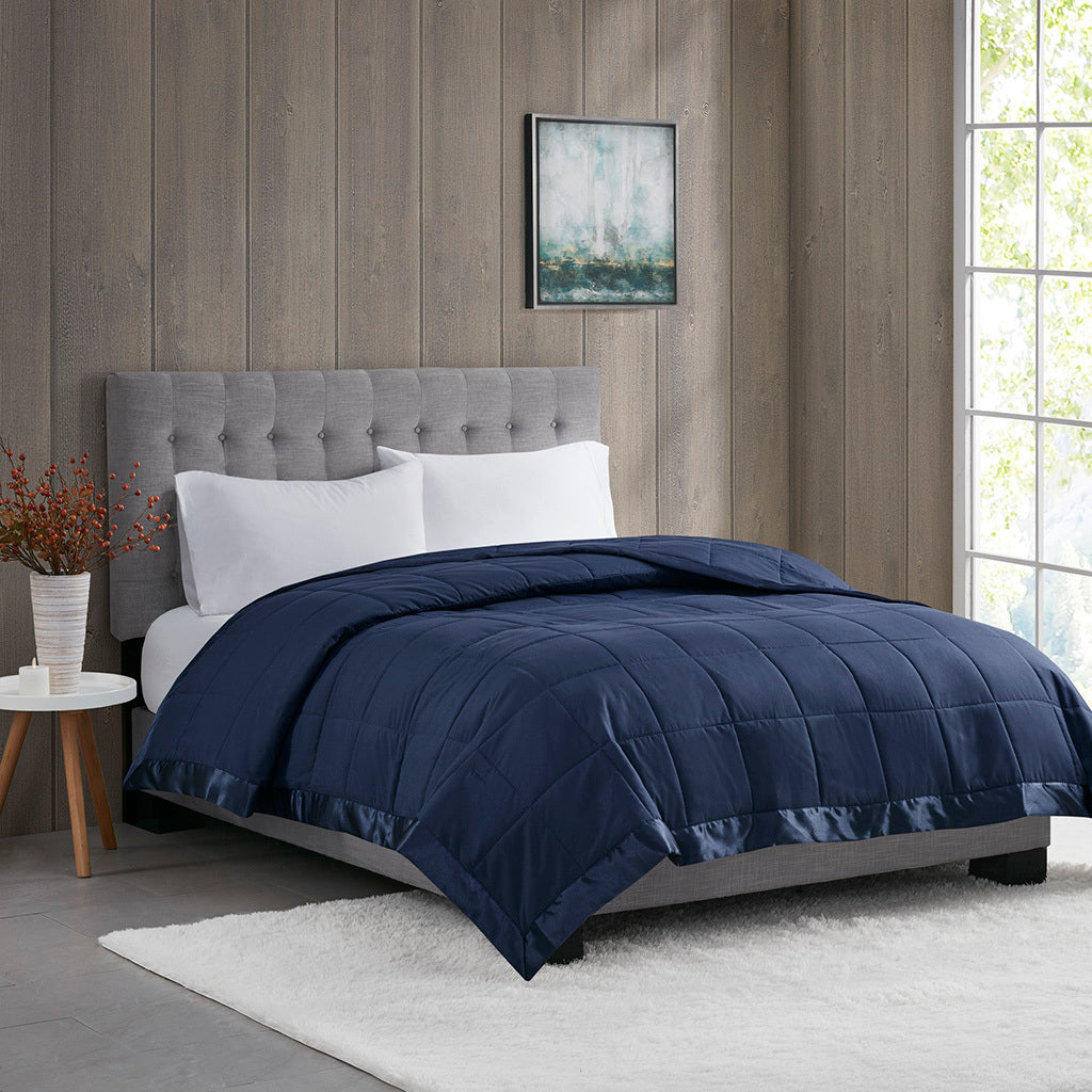 Lightweight Down Alternative Blanket with Satin Trim navy-polyester