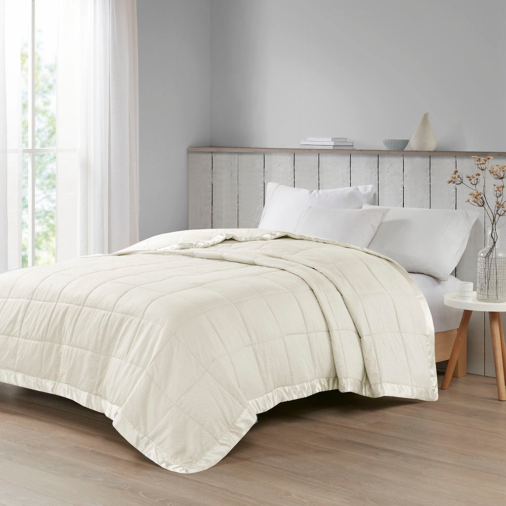 Oversized Down Alternative Blanket with Satin Trim ivory-polyester