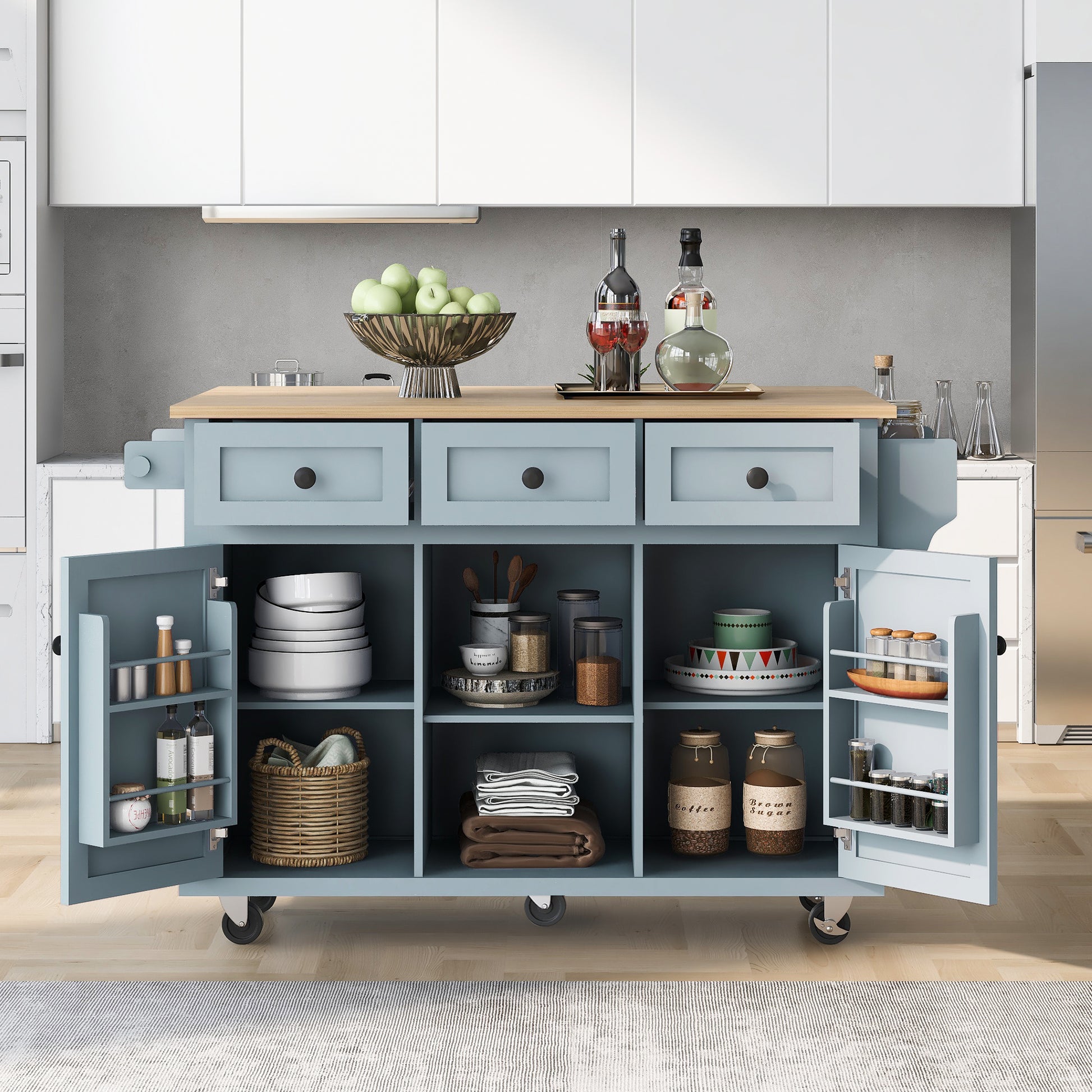 Kitchen Cart with Rubber wood Drop Leaf Countertop blue-mdf