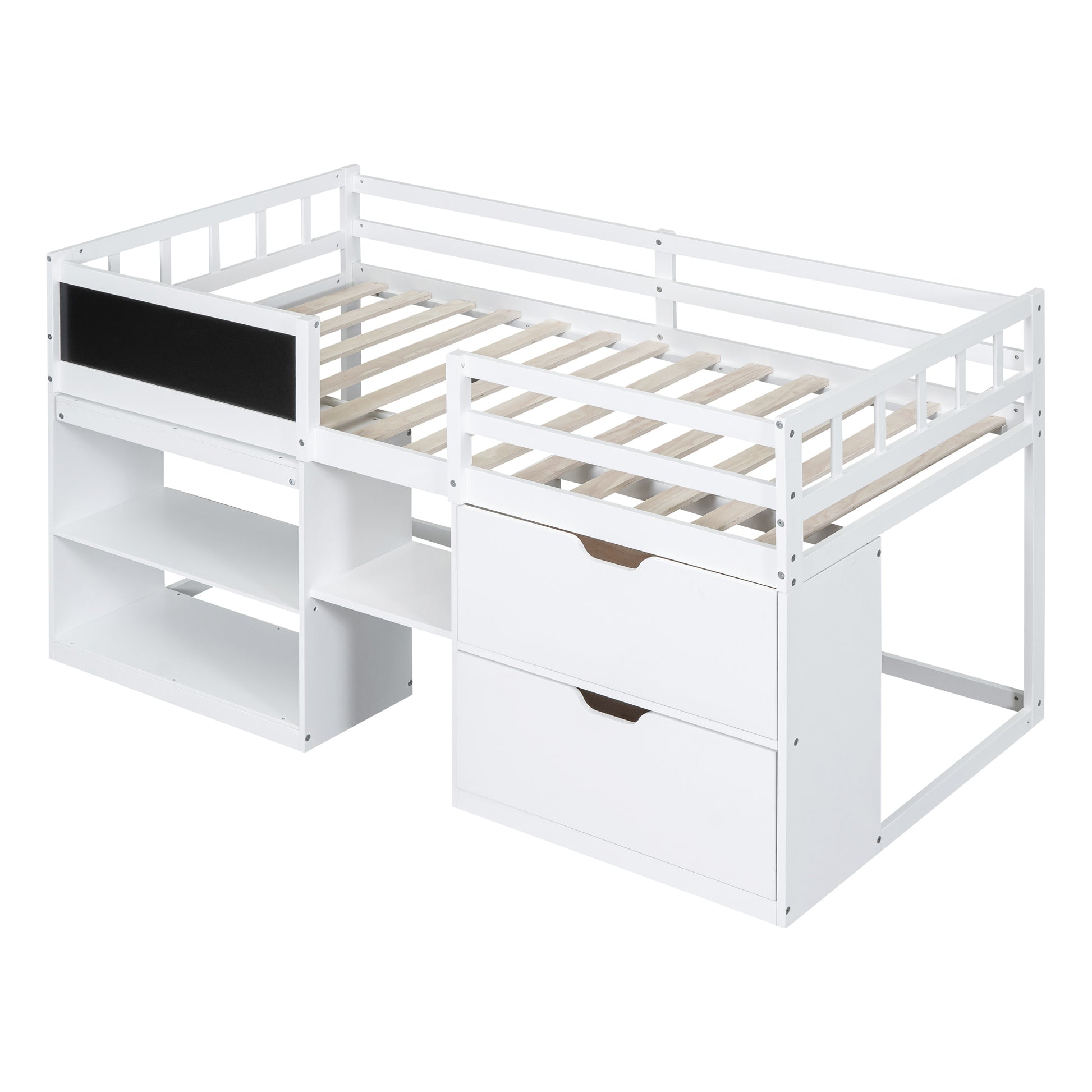 Twin Size Low Loft Bed With Rolling Desk, Shelf