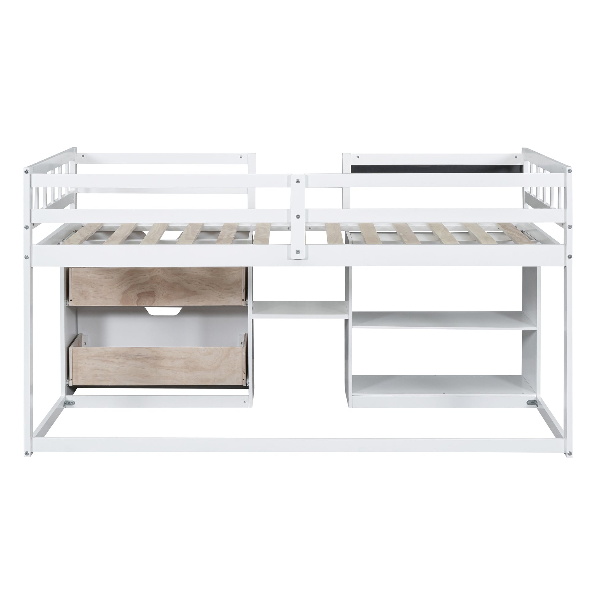 Twin Size Low Loft Bed With Rolling Desk, Shelf