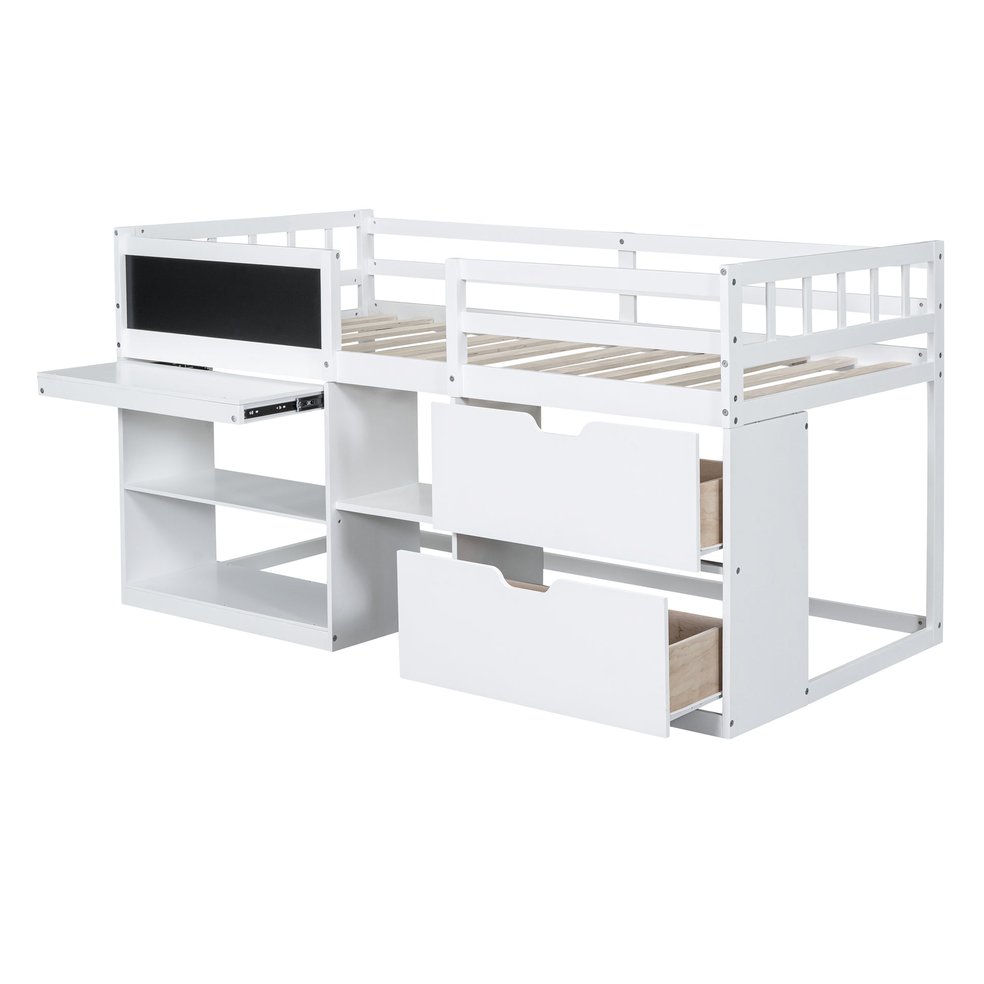 Twin Size Low Loft Bed With Rolling Desk, Shelf