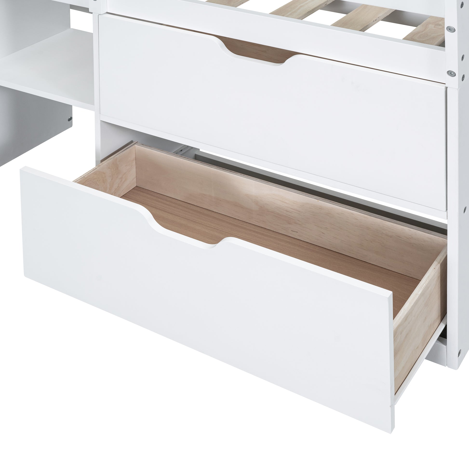 Twin Size Low Loft Bed With Rolling Desk, Shelf