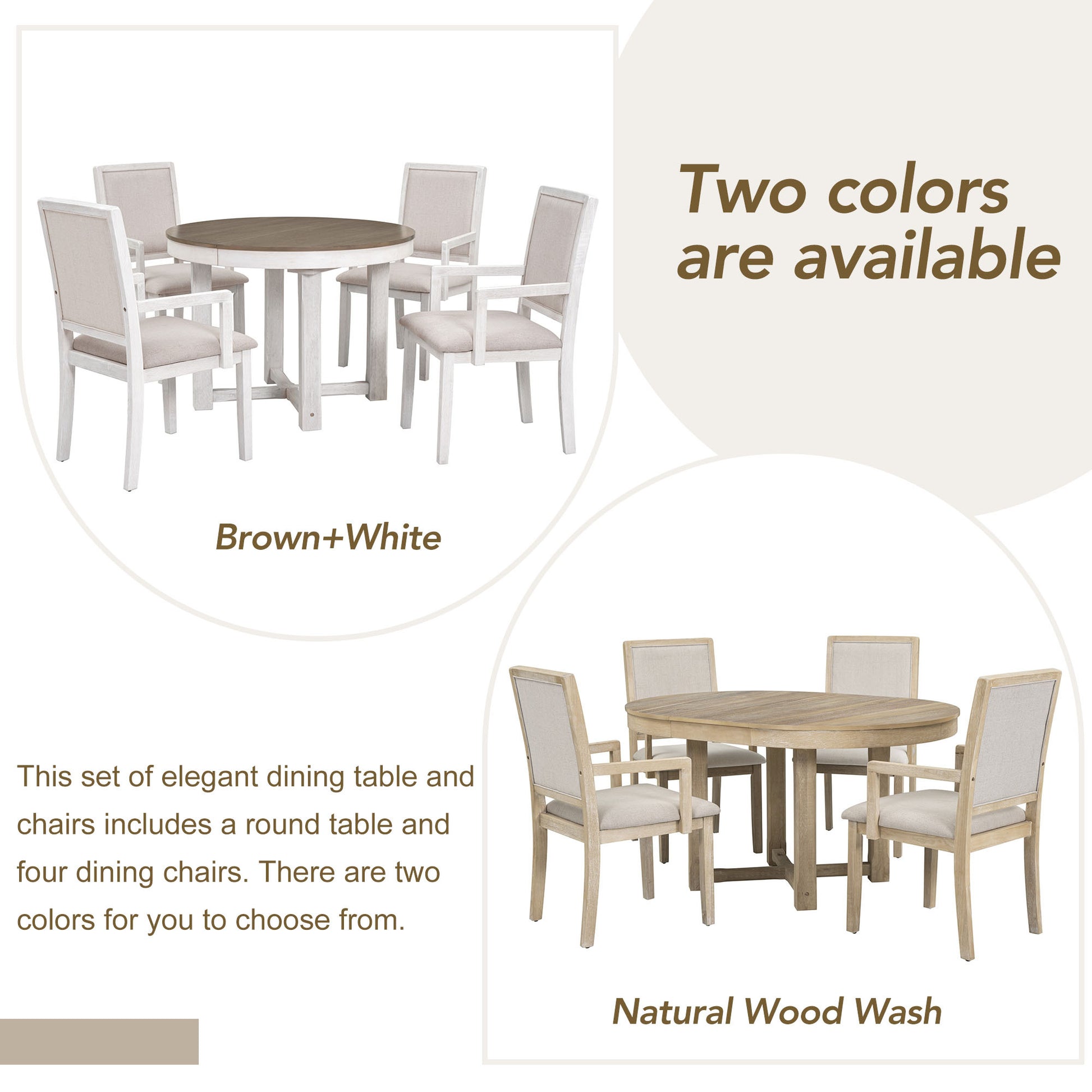 5 Piece Dining Table Set, Two Size Round To Oval natural wood wash-solid wood+mdf