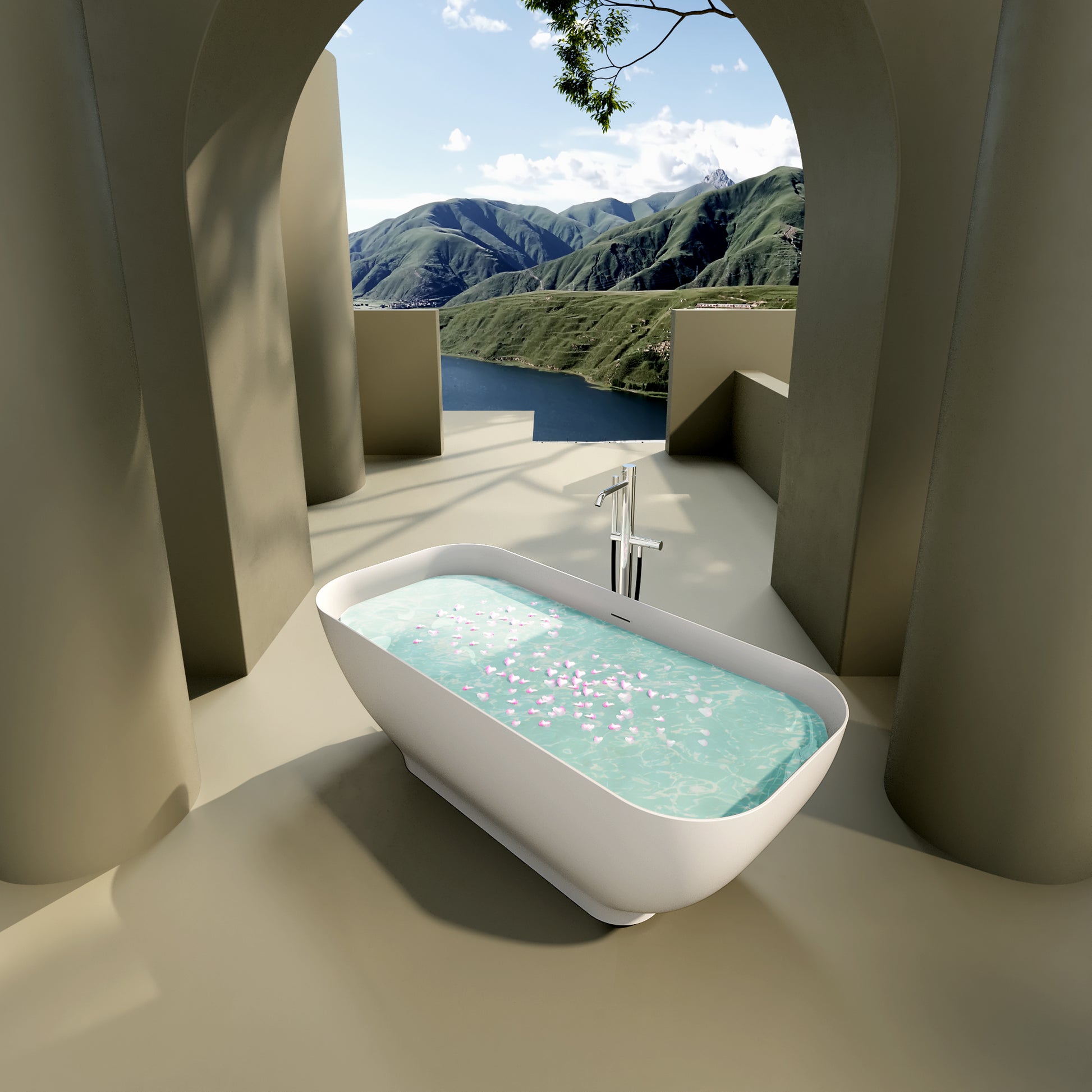 Luxury Solid Surface Freestanding Soaking Bathtub with matte white-polyresin