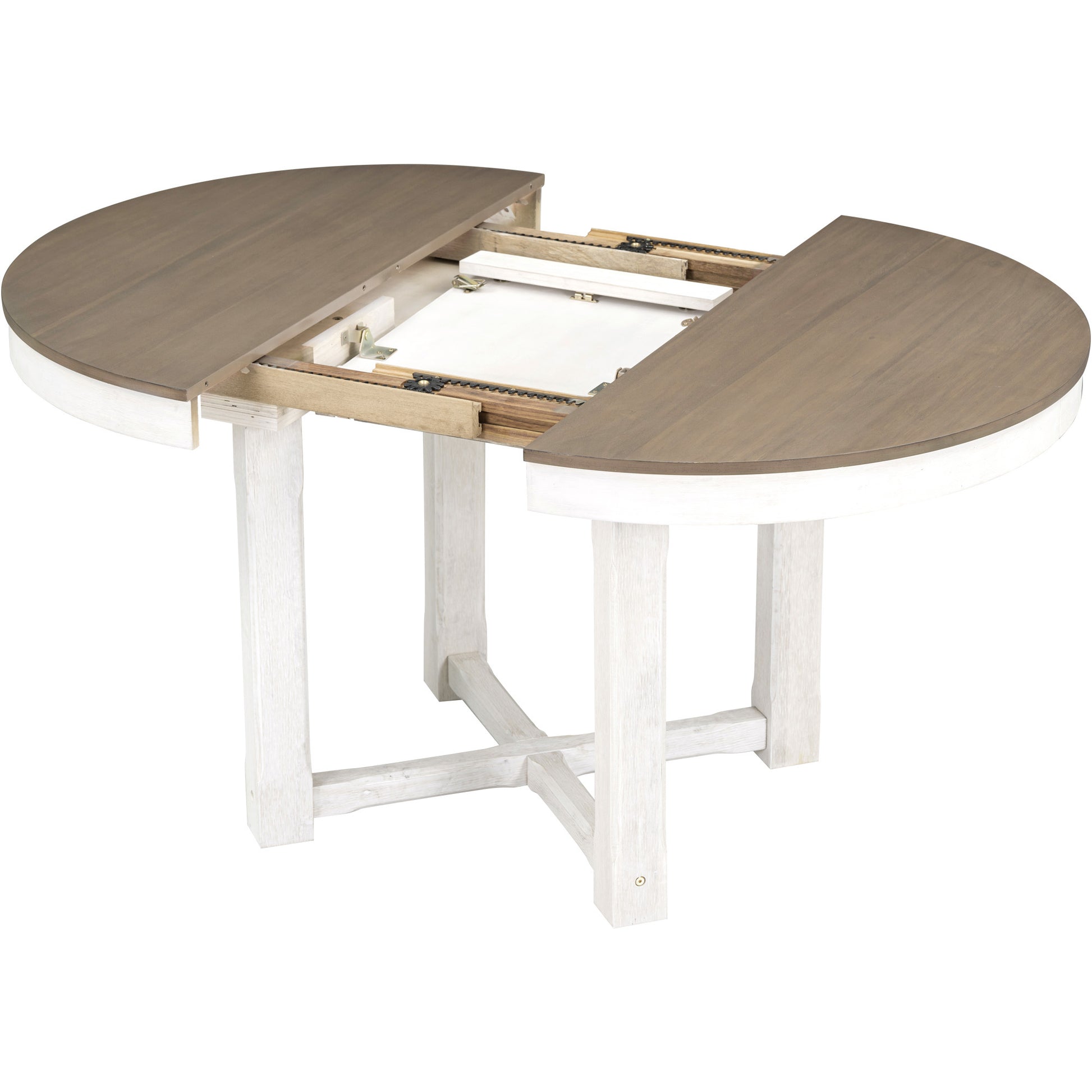 5 Piece Dining Table Set, Two Size Round To Oval brown+white-solid wood+mdf