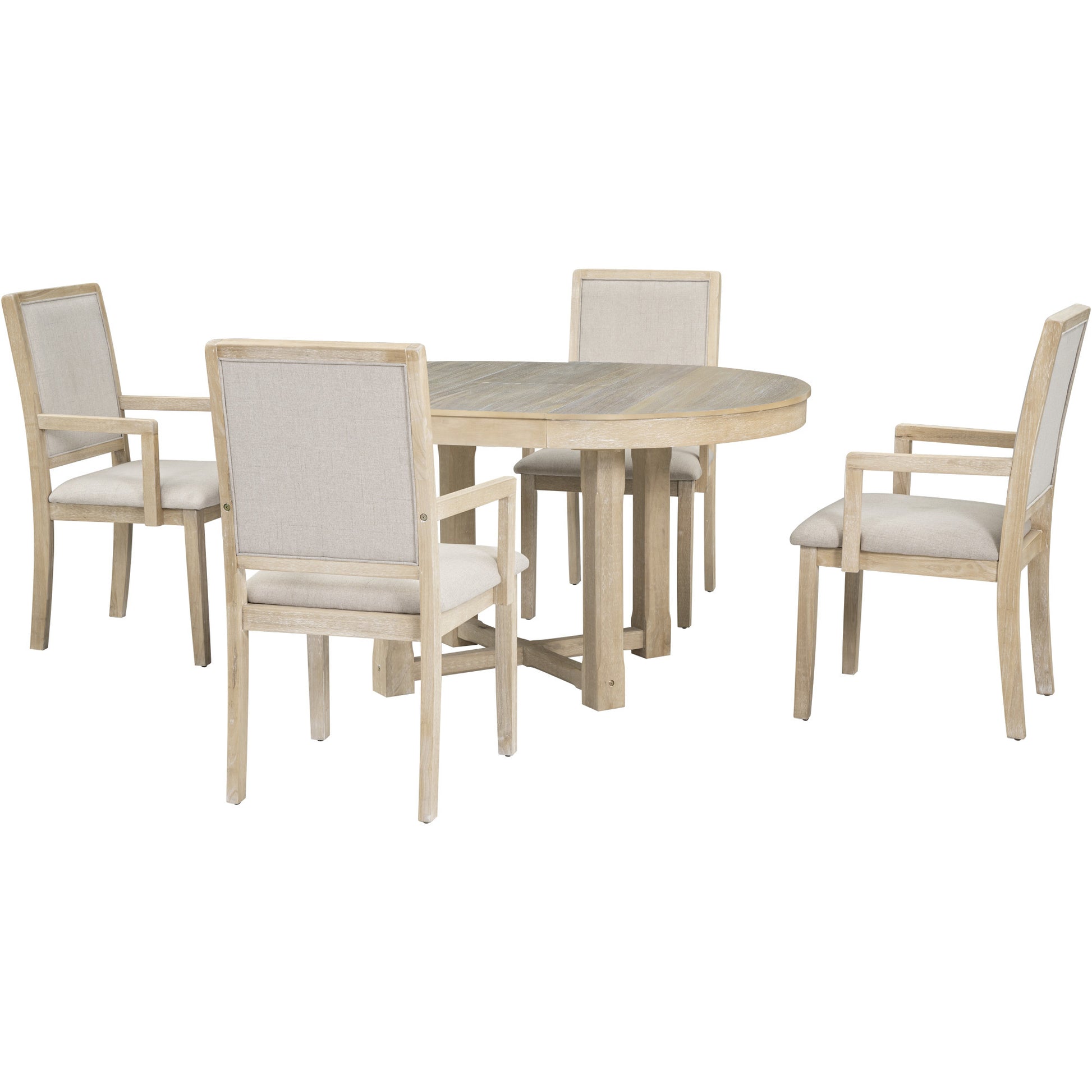 5 Piece Dining Table Set, Two Size Round To Oval natural wood wash-solid wood+mdf