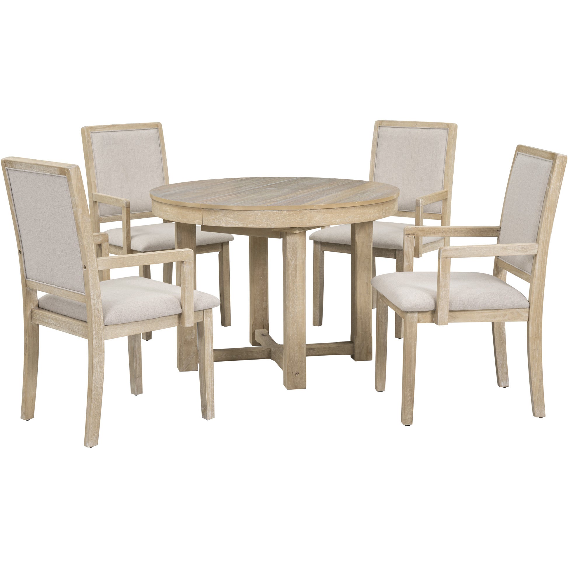 5 Piece Dining Table Set, Two Size Round To Oval natural wood wash-solid wood+mdf