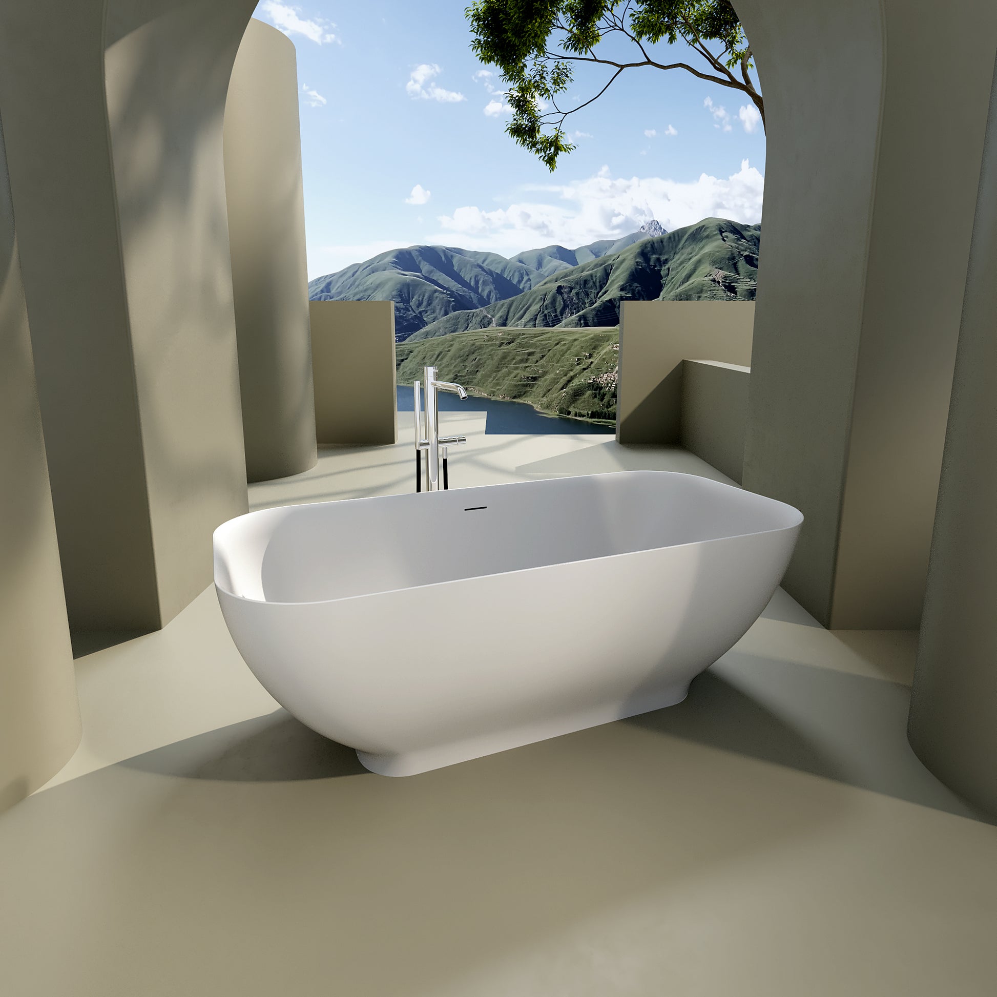 Luxury Solid Surface Freestanding Soaking Bathtub with matte white-polyresin