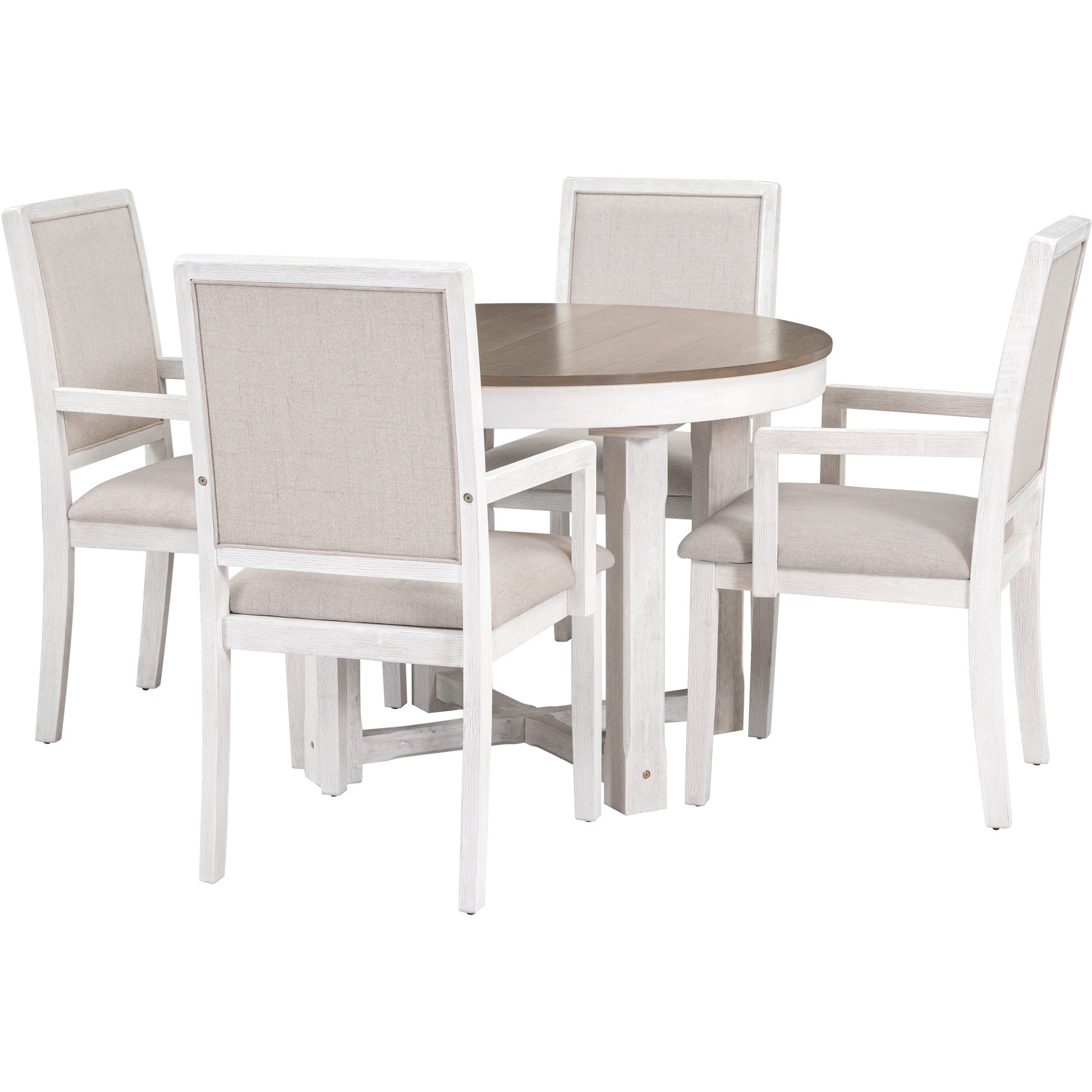 5 Piece Dining Table Set, Two Size Round To Oval brown+white-solid wood+mdf