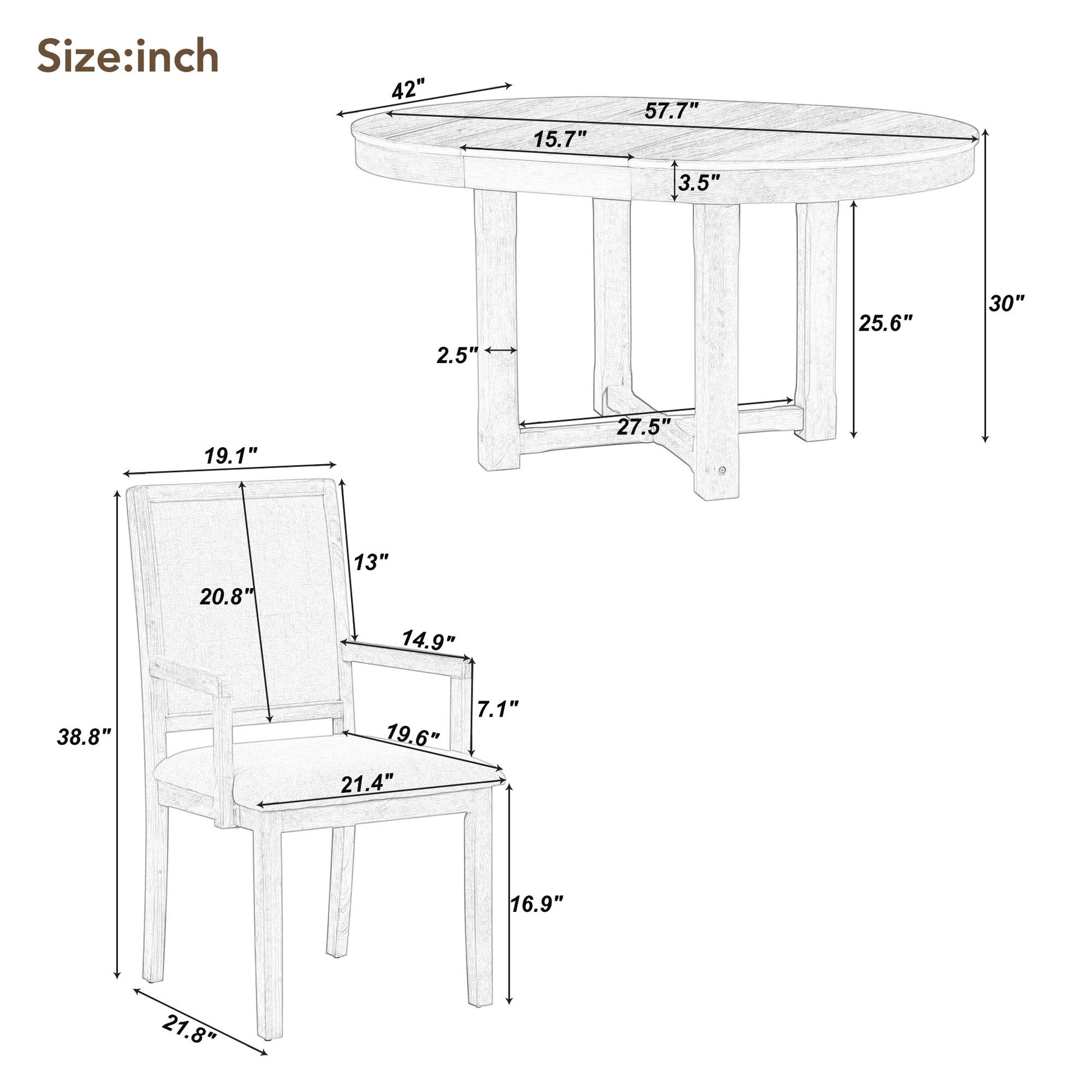 5 Piece Dining Table Set, Two Size Round To Oval natural wood wash-solid wood+mdf