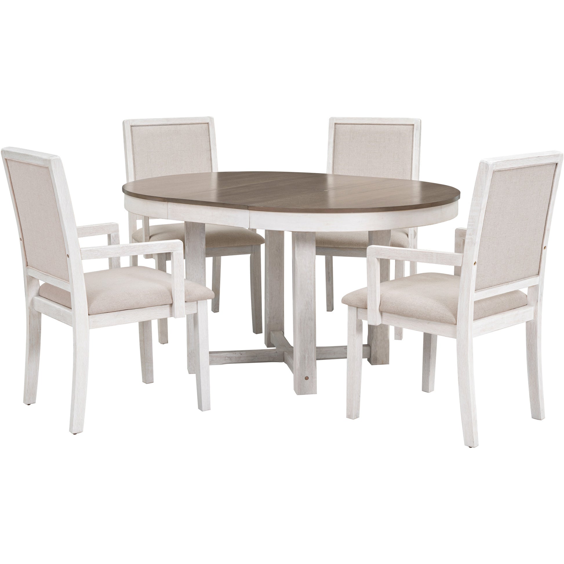 5 Piece Dining Table Set, Two Size Round To Oval brown+white-solid wood+mdf