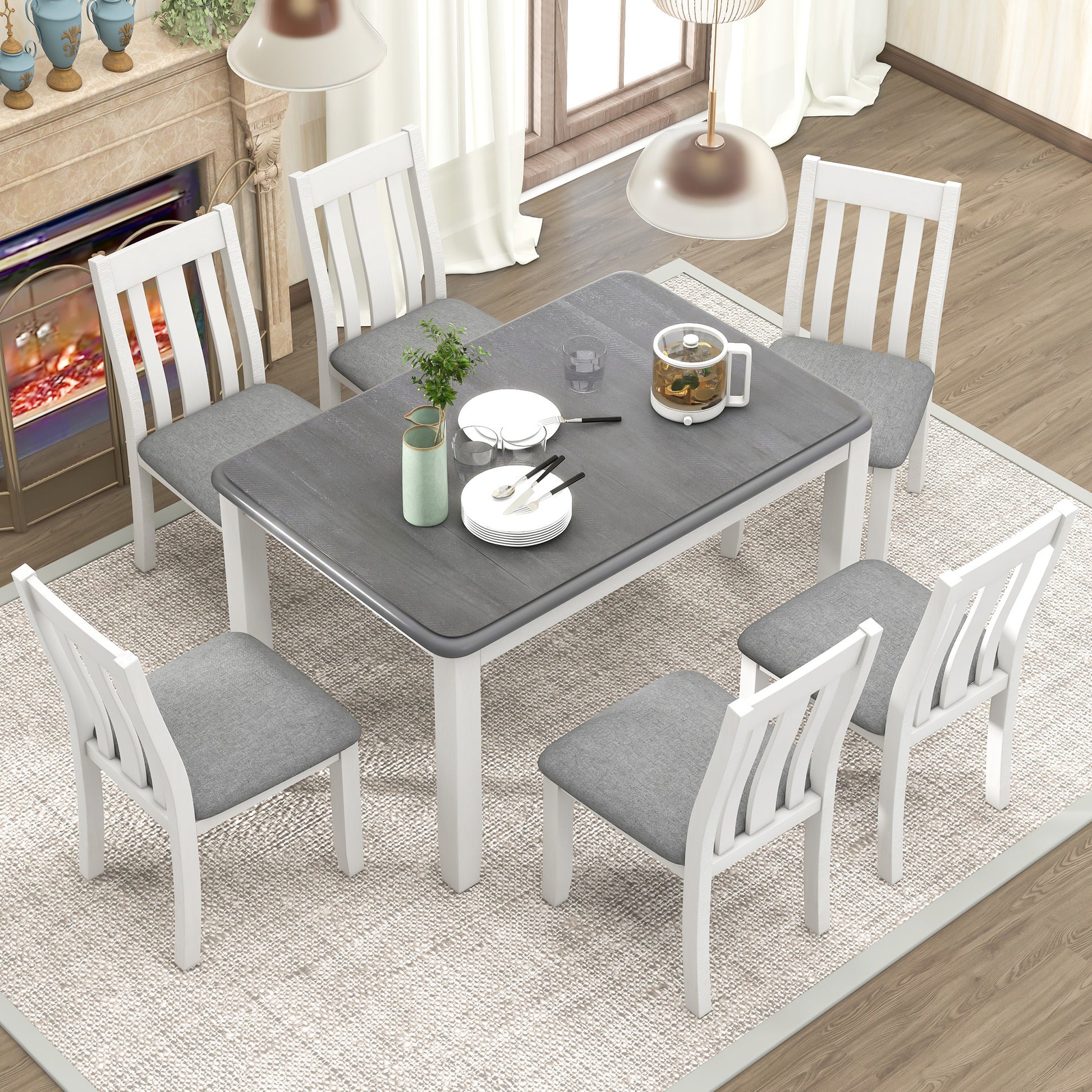 Retro Style 7 Piece Dining Table Set with white+gray-solid wood