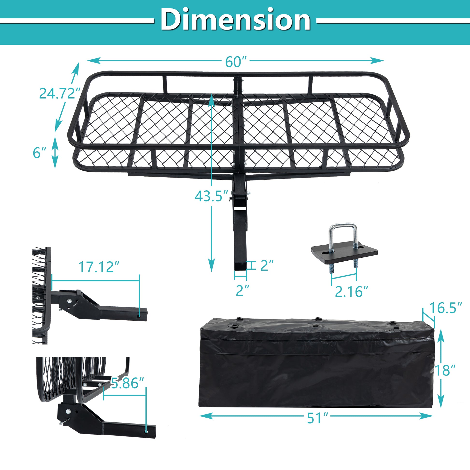 60" x 24" x 6" Folding Cargo Basket black-metal