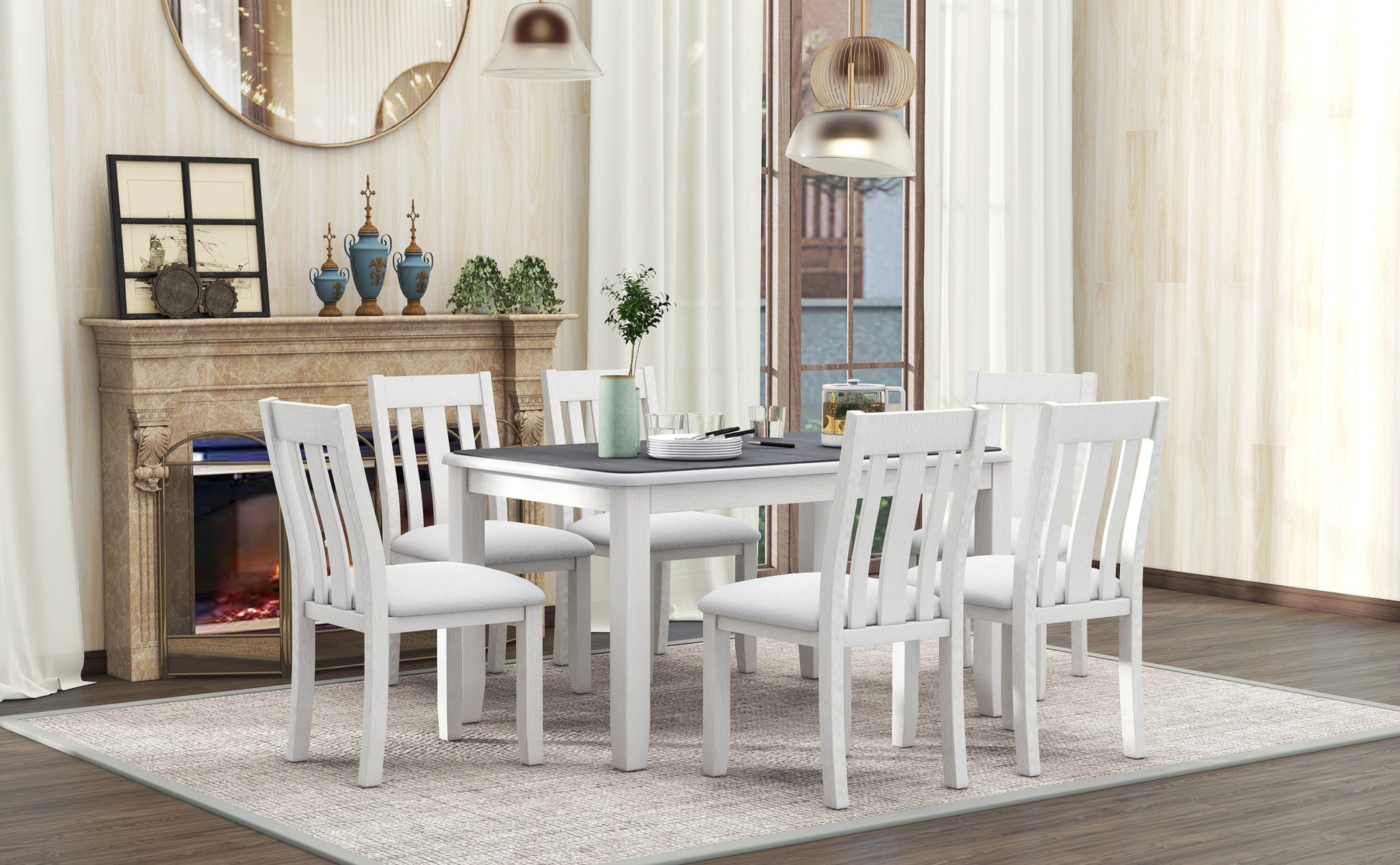 Retro Style 7 Piece Dining Table Set with white+gray-solid wood