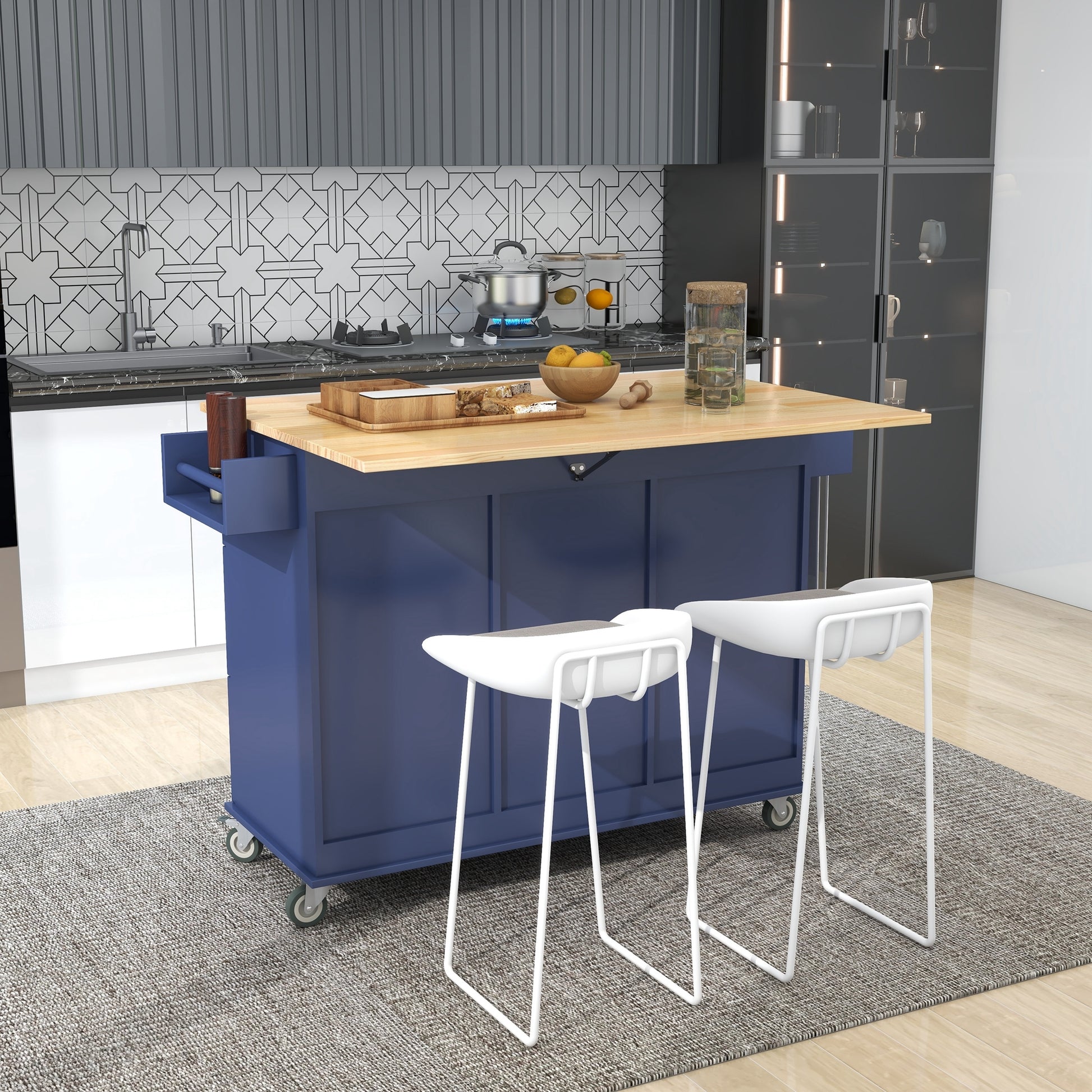 Rolling Mobile Kitchen Island with Drop Leaf Solid blue-mdf