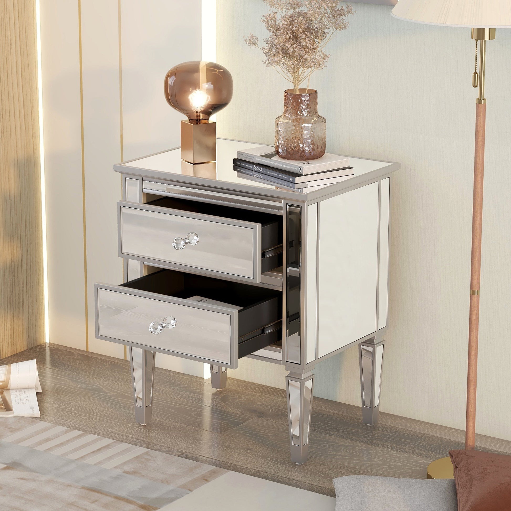 Elegant Mirrored Side Table With 2 Drawers,