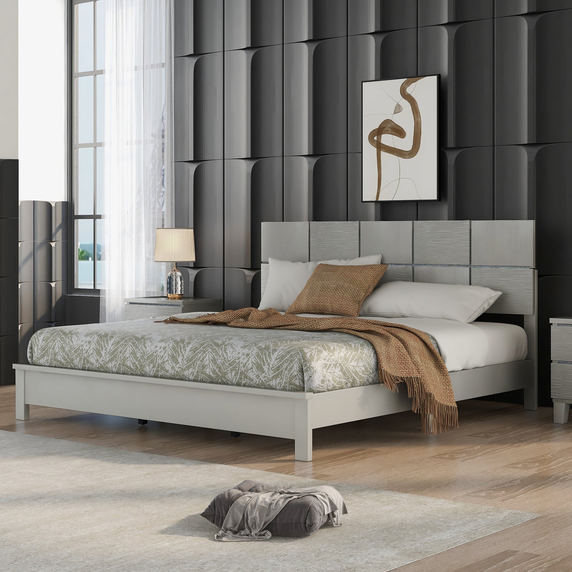 Champagne Silver Platform Bed Solid Rubber Wood Frame champagne-solid wood+mdf